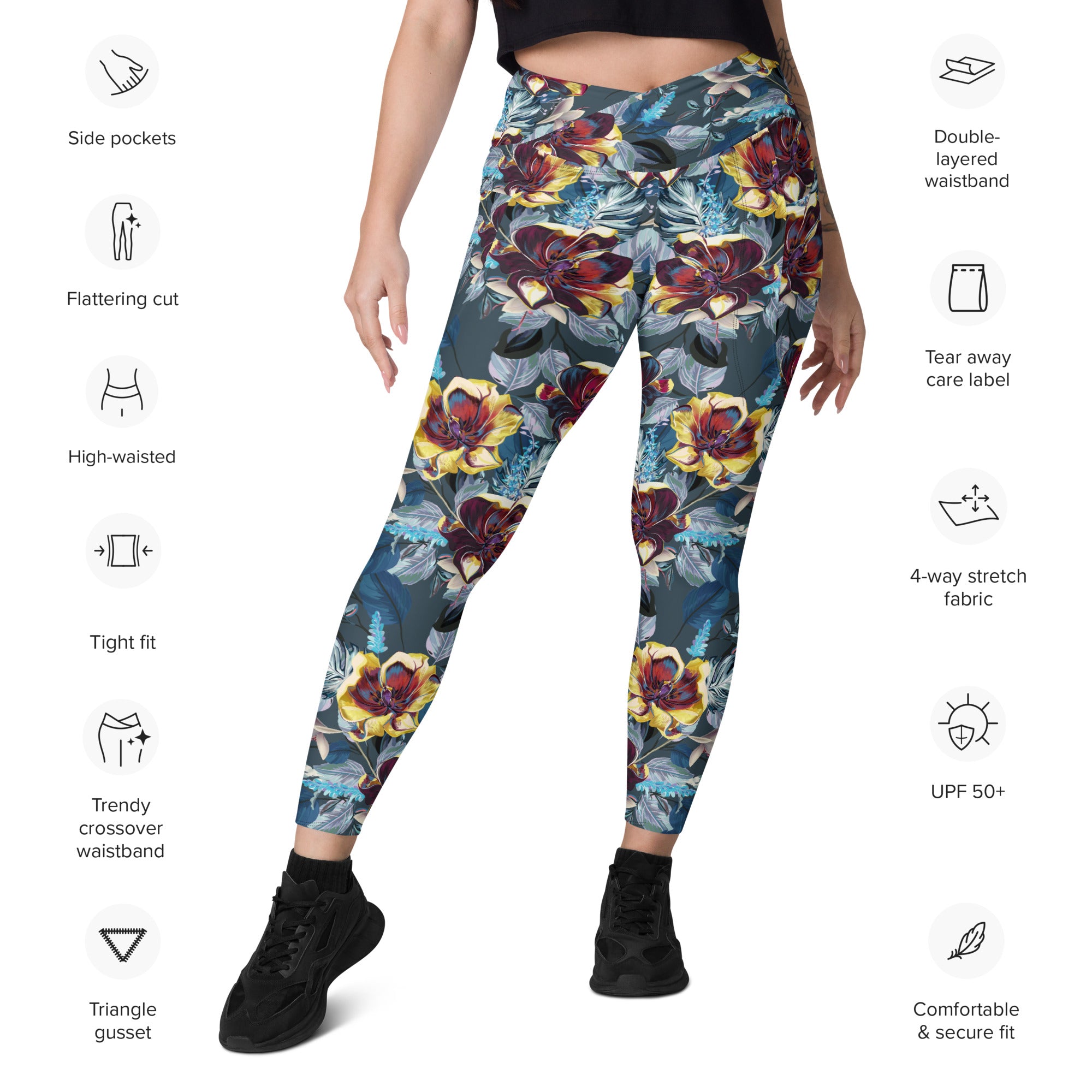 Crossover leggings with pockets- TULIP FLOWERS