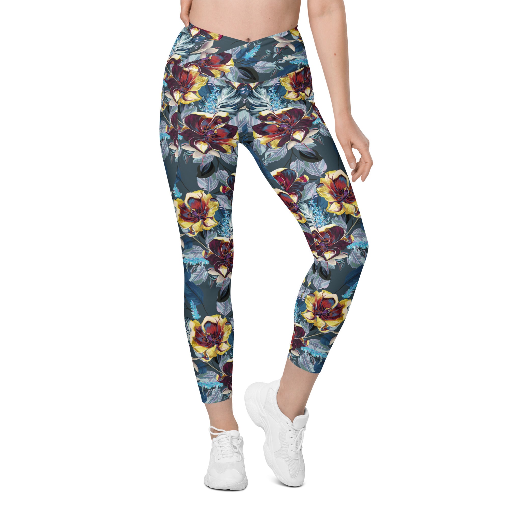 Crossover leggings with pockets- TULIP FLOWERS