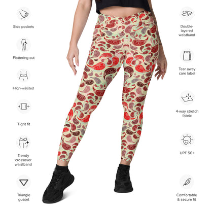 Crossover leggings with pockets- Paisley Red