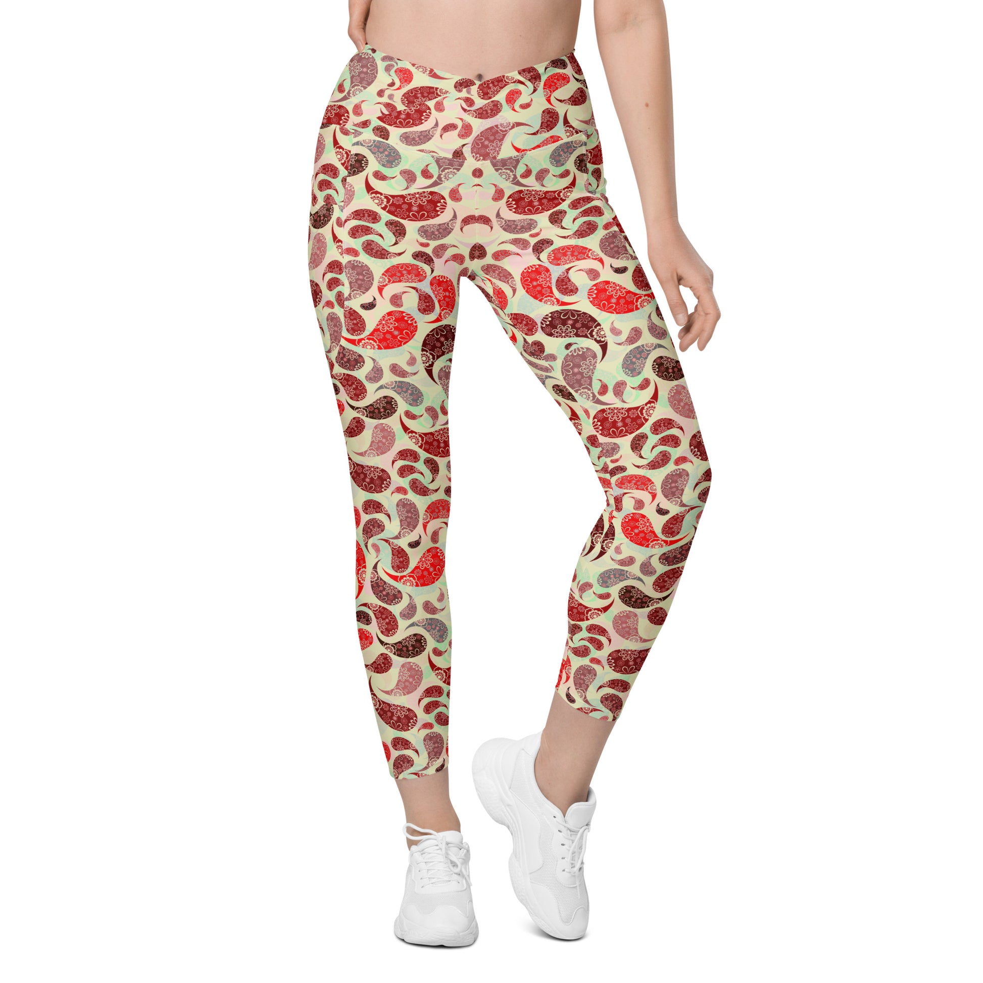 Crossover leggings with pockets- Paisley Red