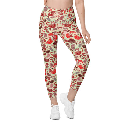 Crossover leggings with pockets- Paisley Red