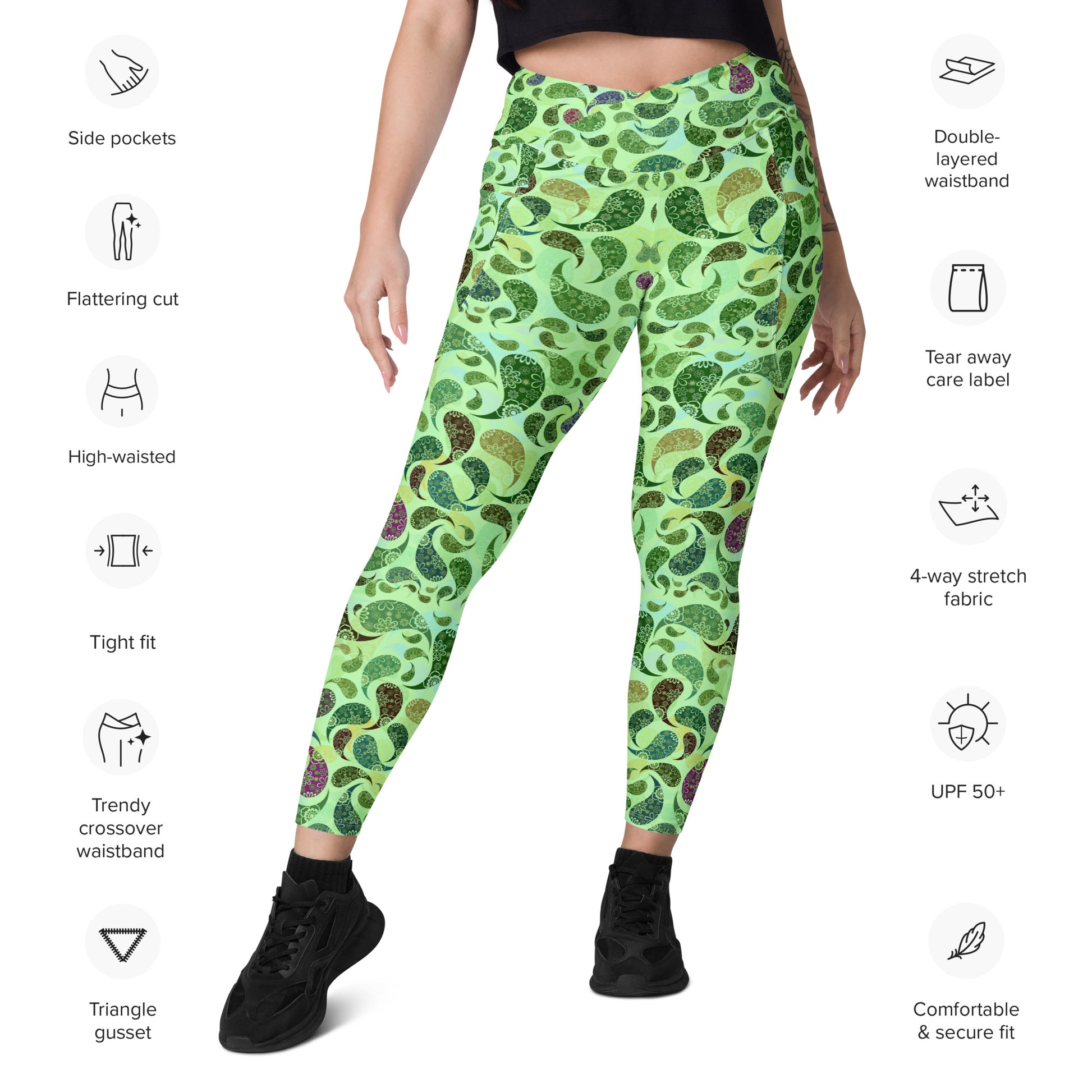 Crossover leggings with pockets- Paisley green
