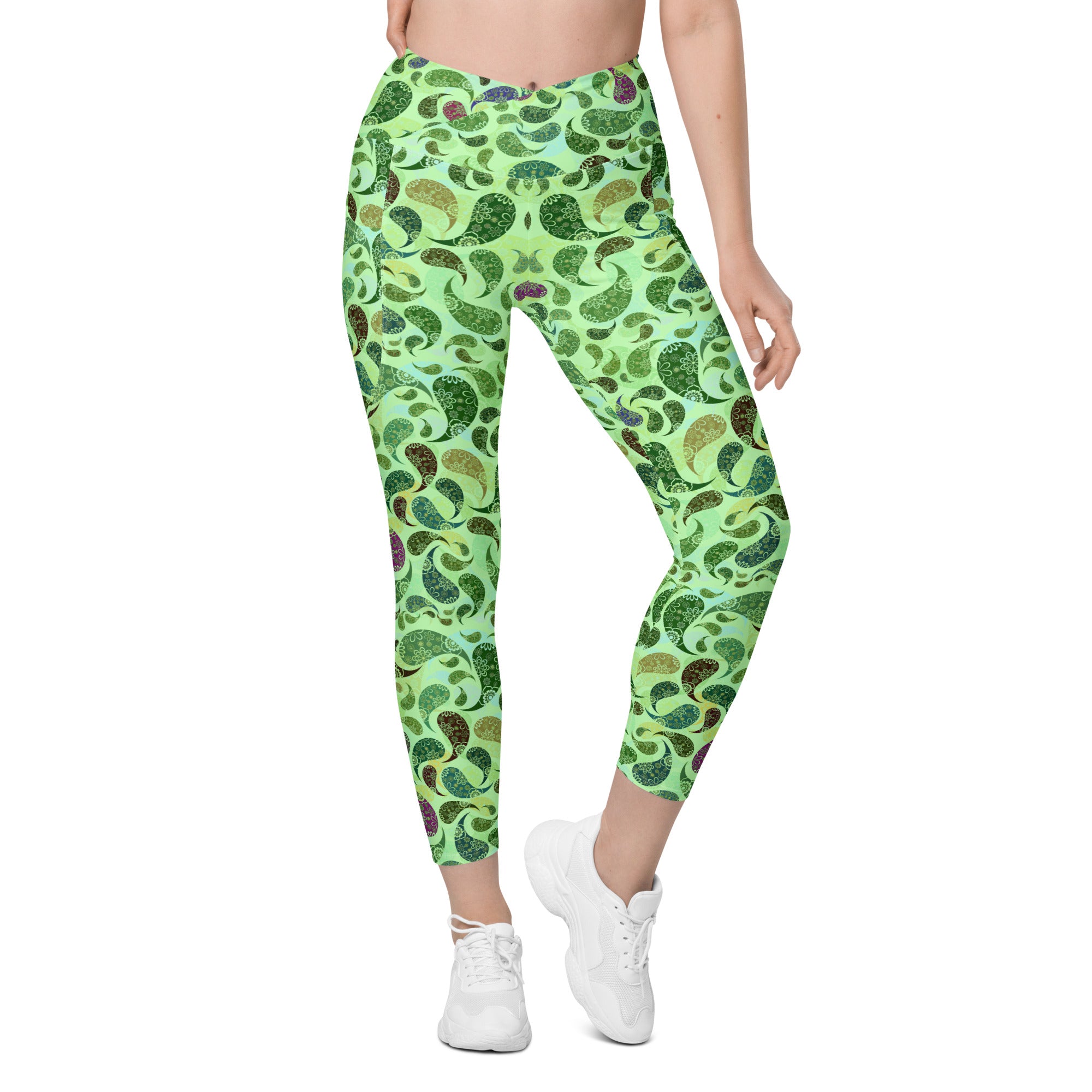 Crossover leggings with pockets- Paisley green