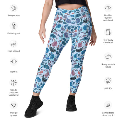 Crossover leggings with pockets- Paisley Blue