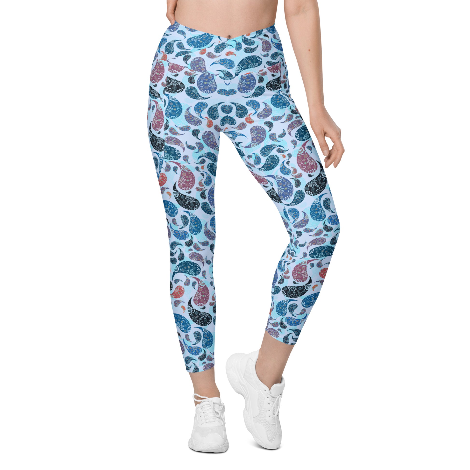 Crossover leggings with pockets- Paisley Blue