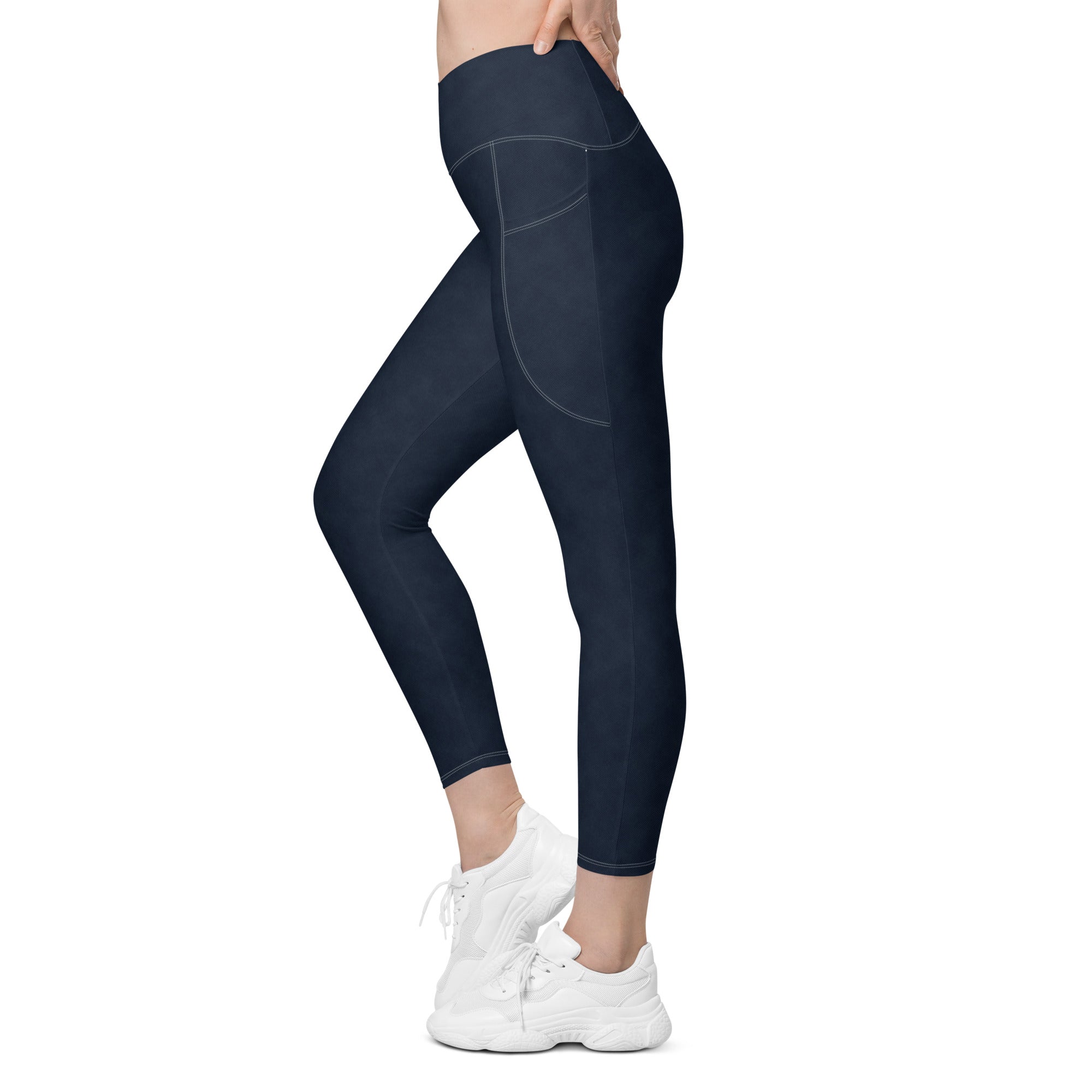 Crossover leggings with pockets- Denim Print Black