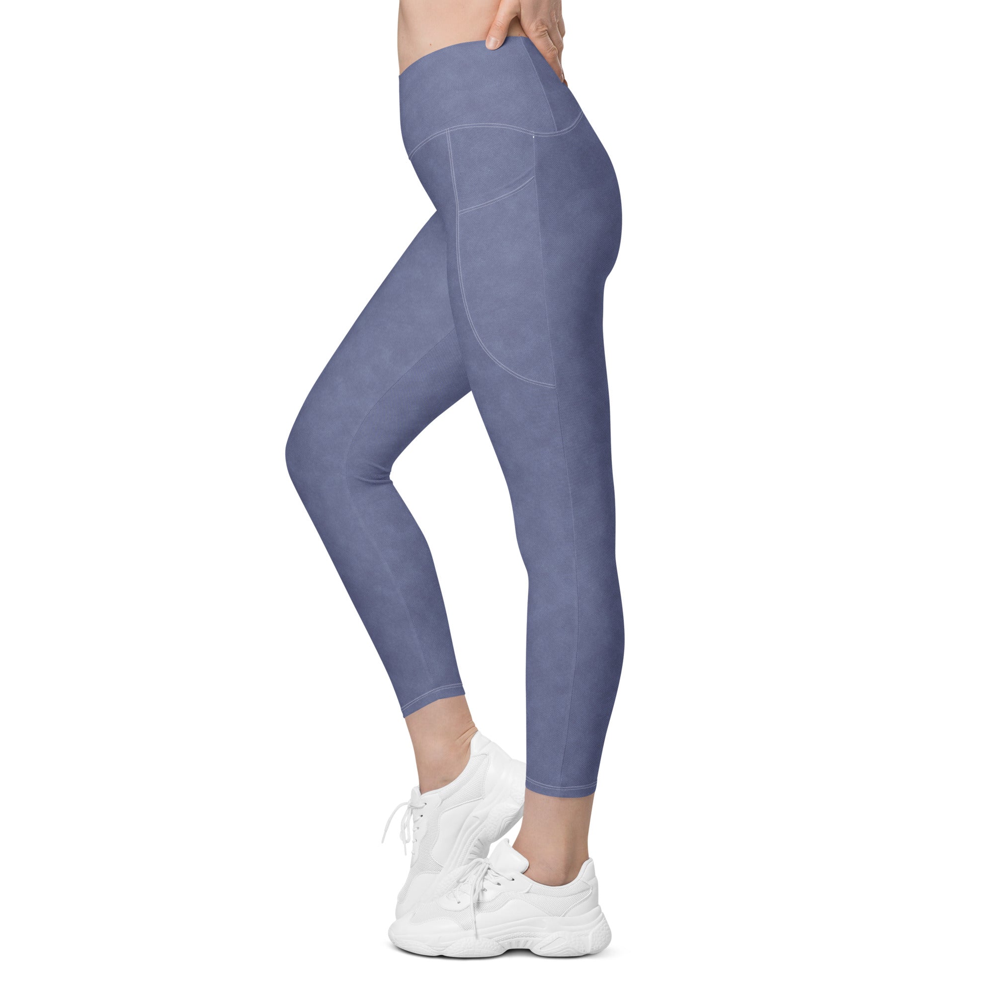 Crossover leggings with pockets- Denim Print Light Blue