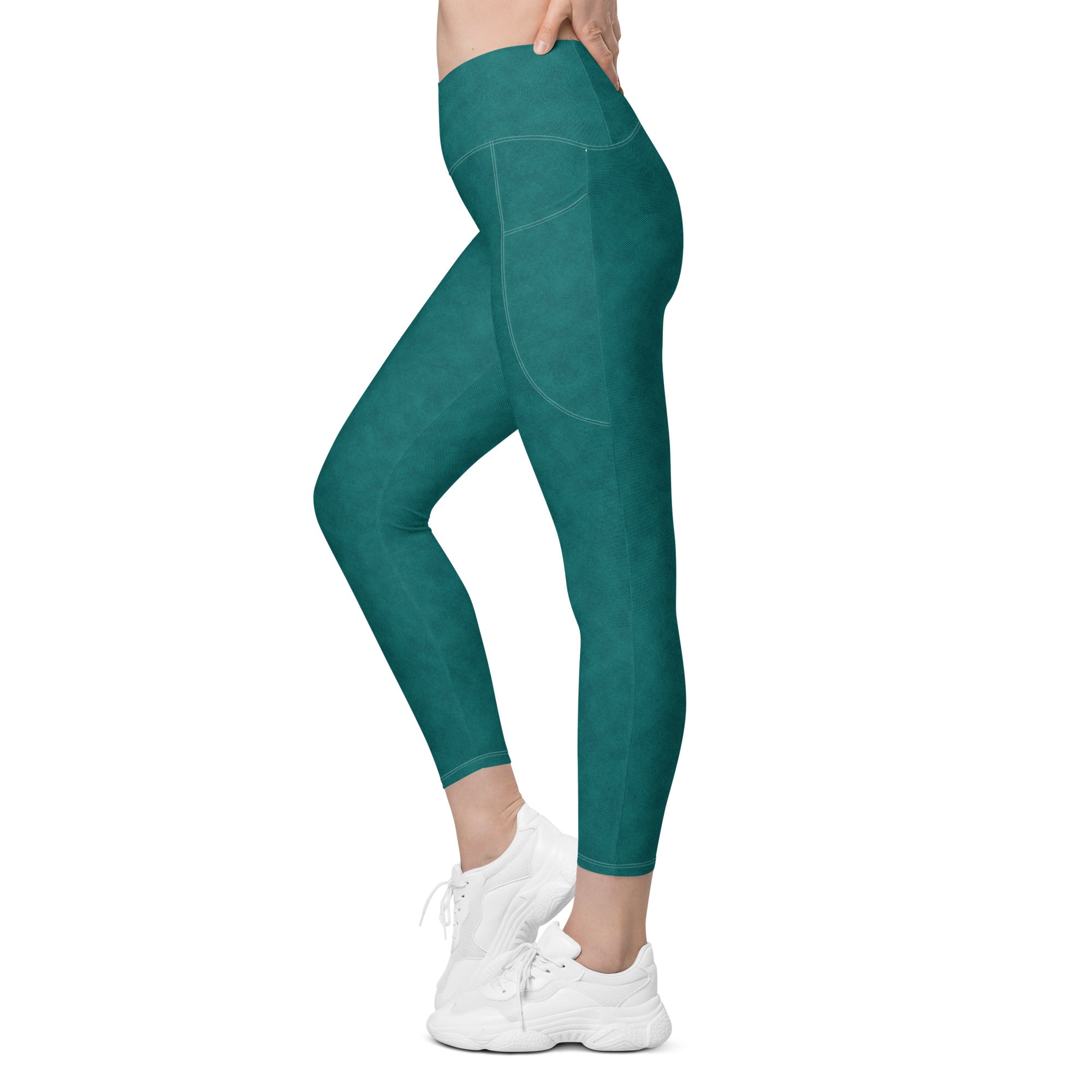 Crossover leggings with pockets- Denim print Green