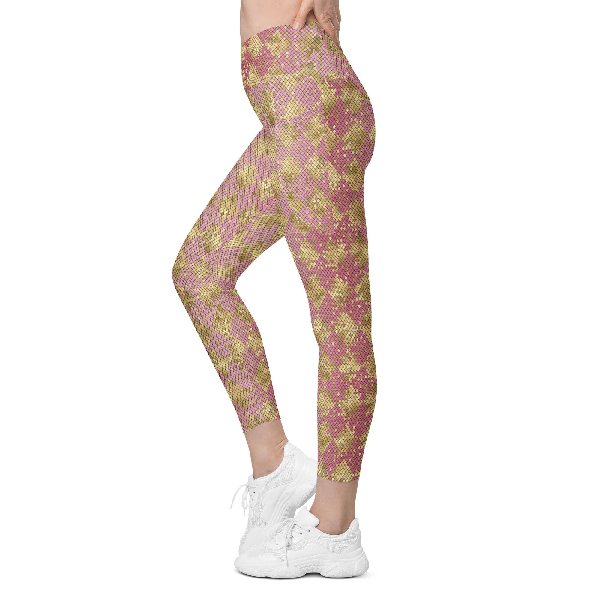 Crossover leggings with pockets- SNAKE Print GOLD AND PINK