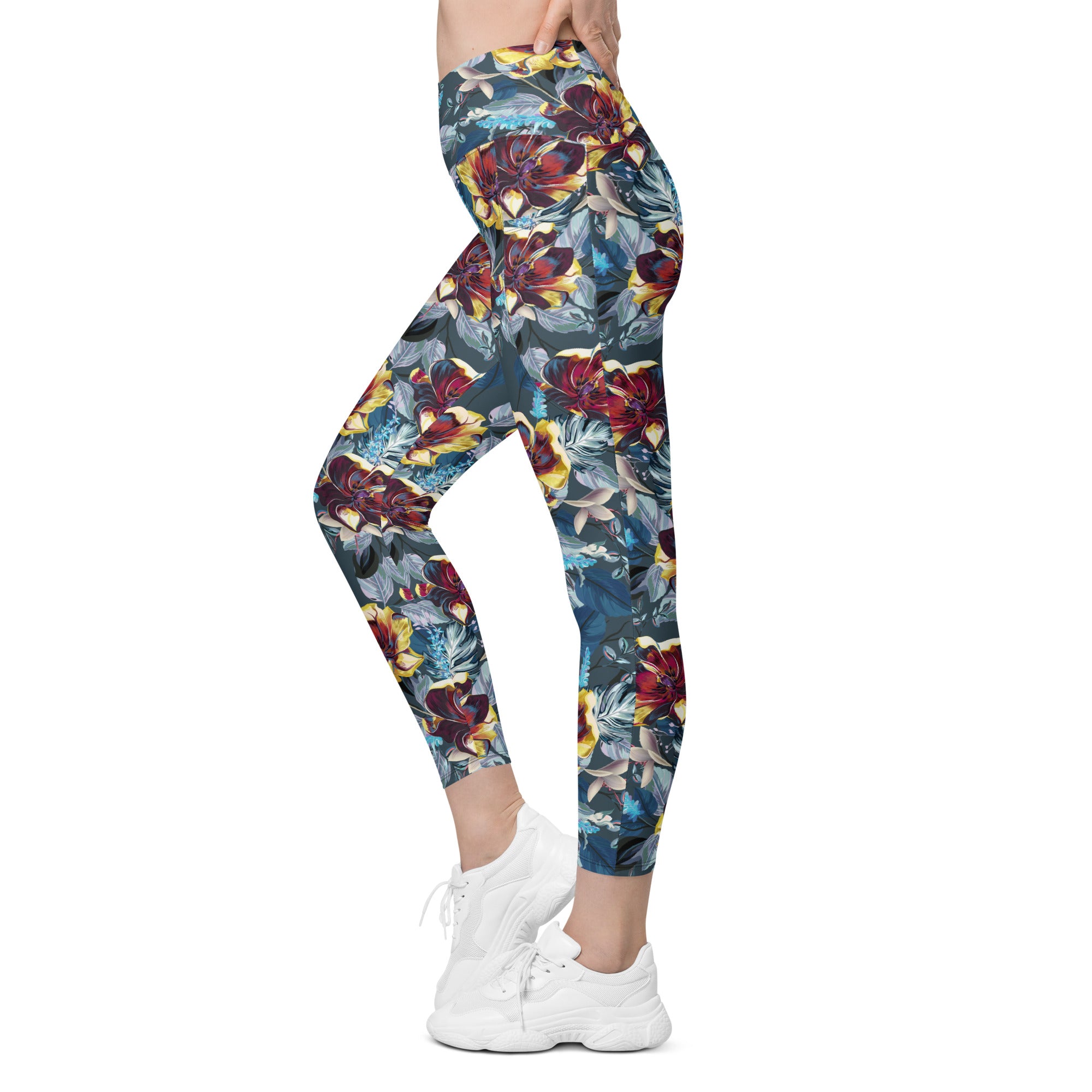 Crossover leggings with pockets- TULIP FLOWERS