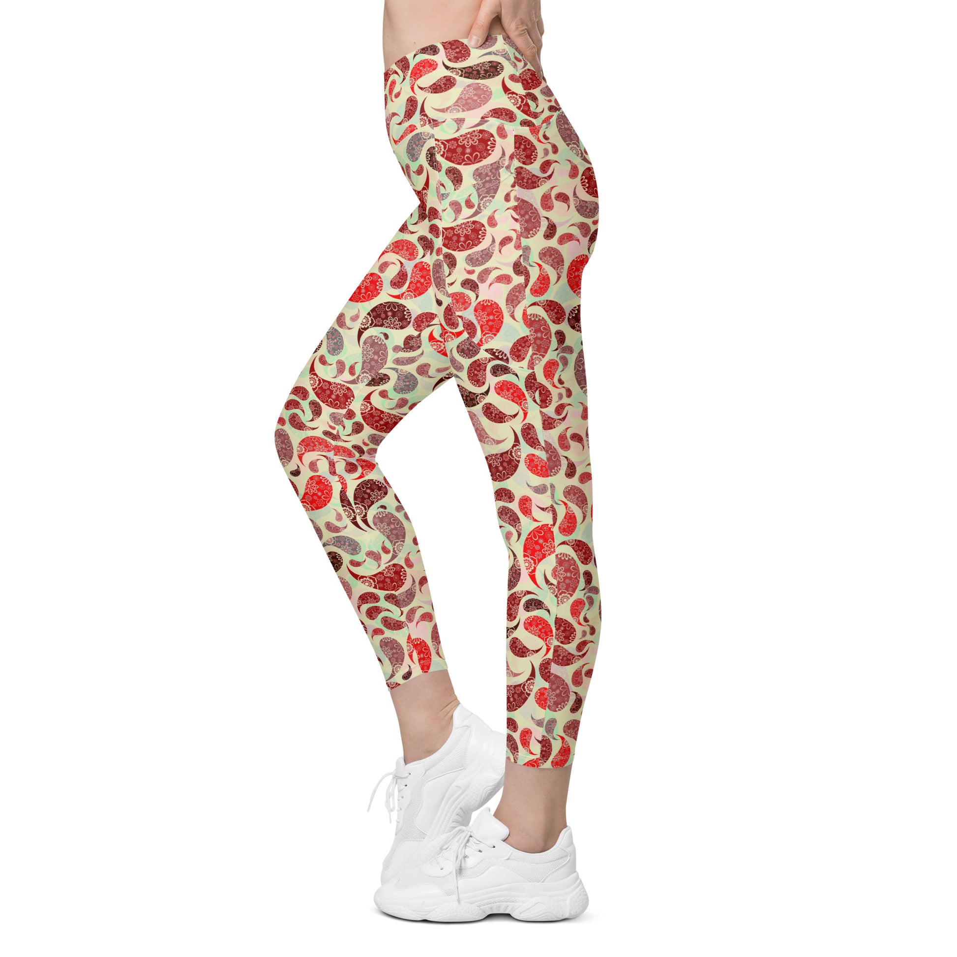 Crossover leggings with pockets- Paisley Red