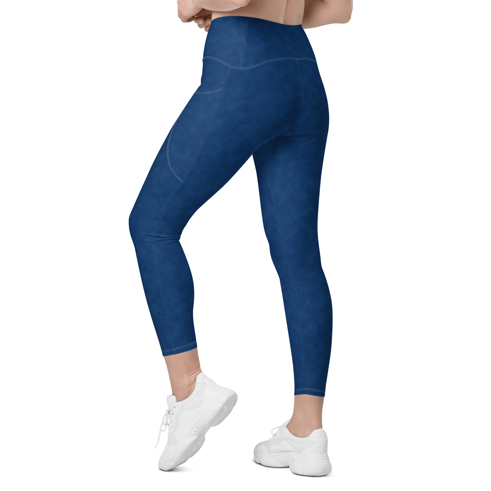 Crossover leggings with pockets- Denim Print Blue