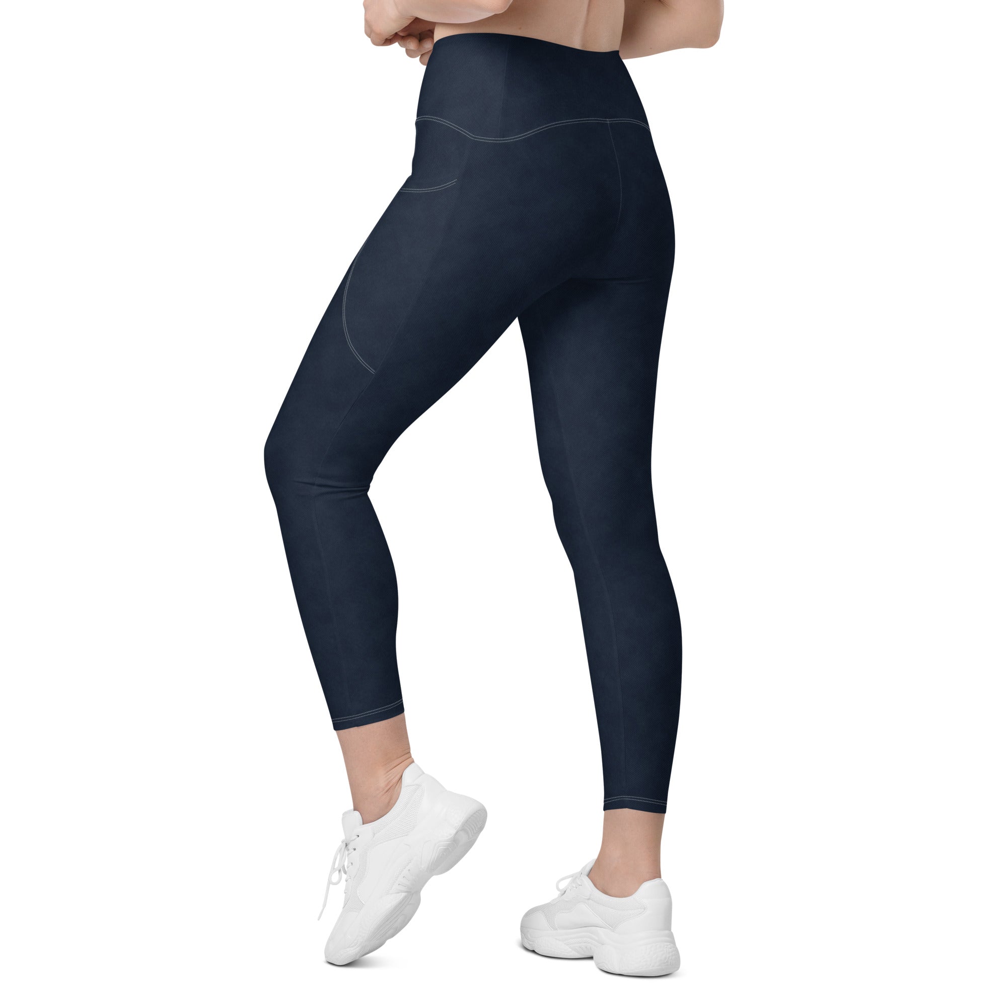 Crossover leggings with pockets- Denim Print Black