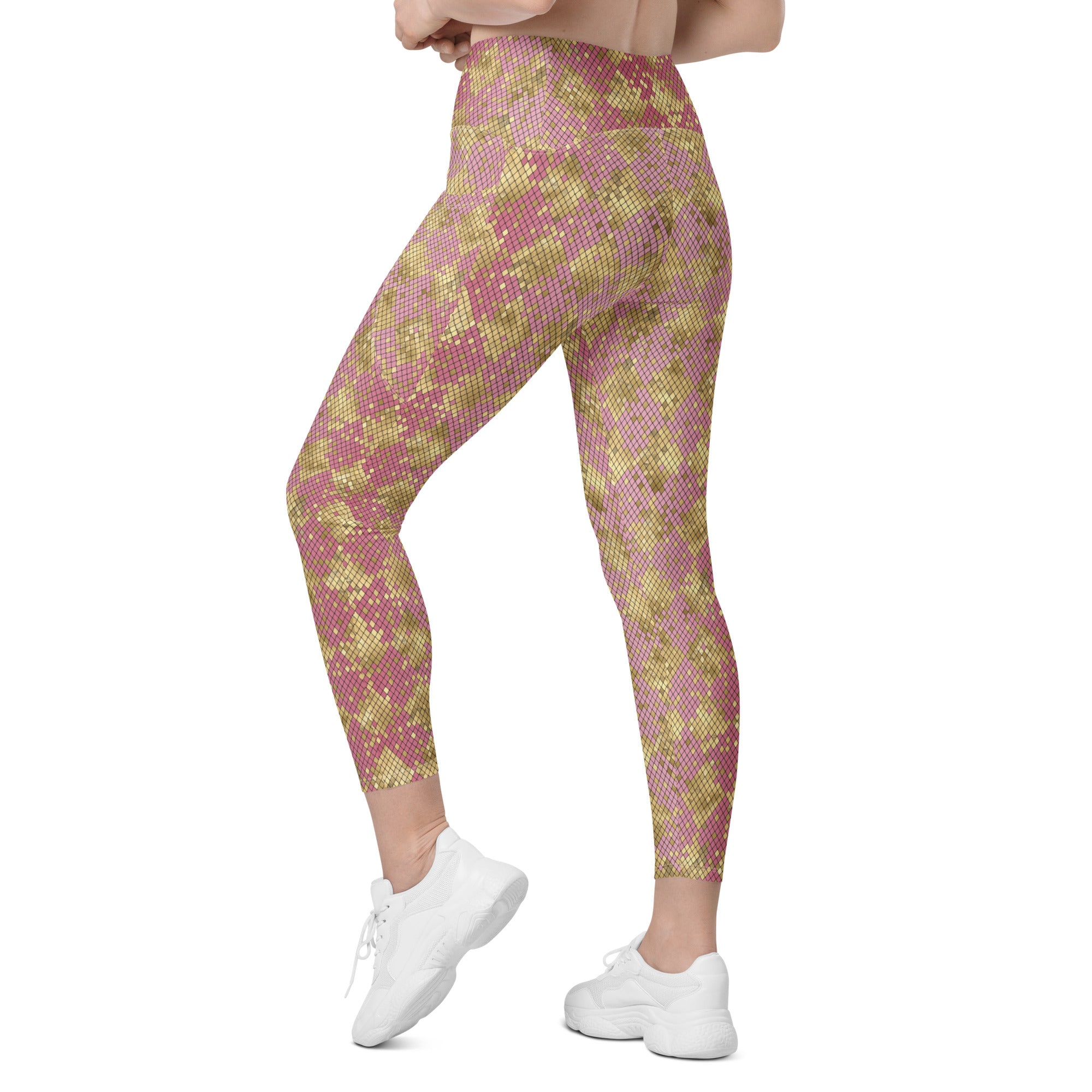 Crossover leggings with pockets- SNAKE Print GOLD AND PINK