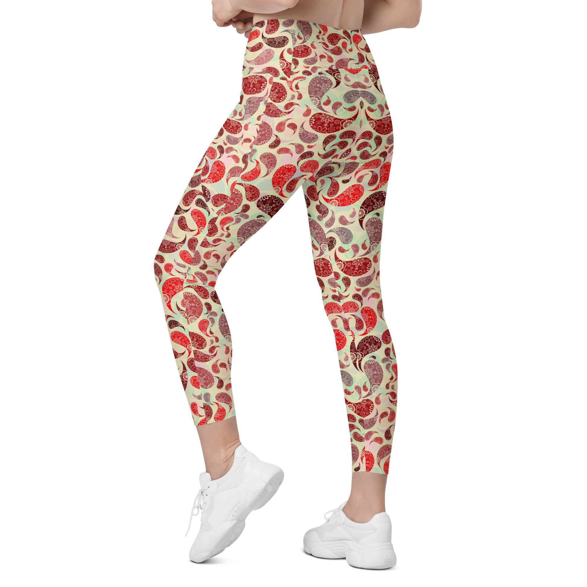 Crossover leggings with pockets- Paisley Red