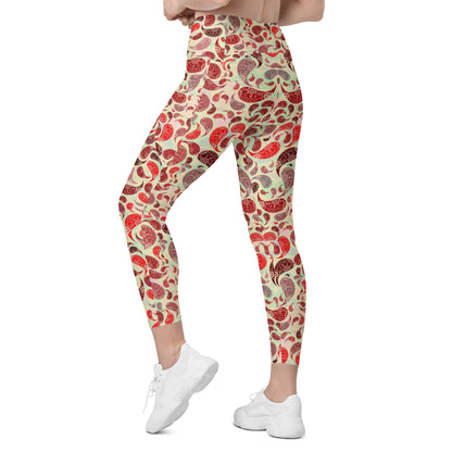 Crossover leggings with pockets- Paisley Red