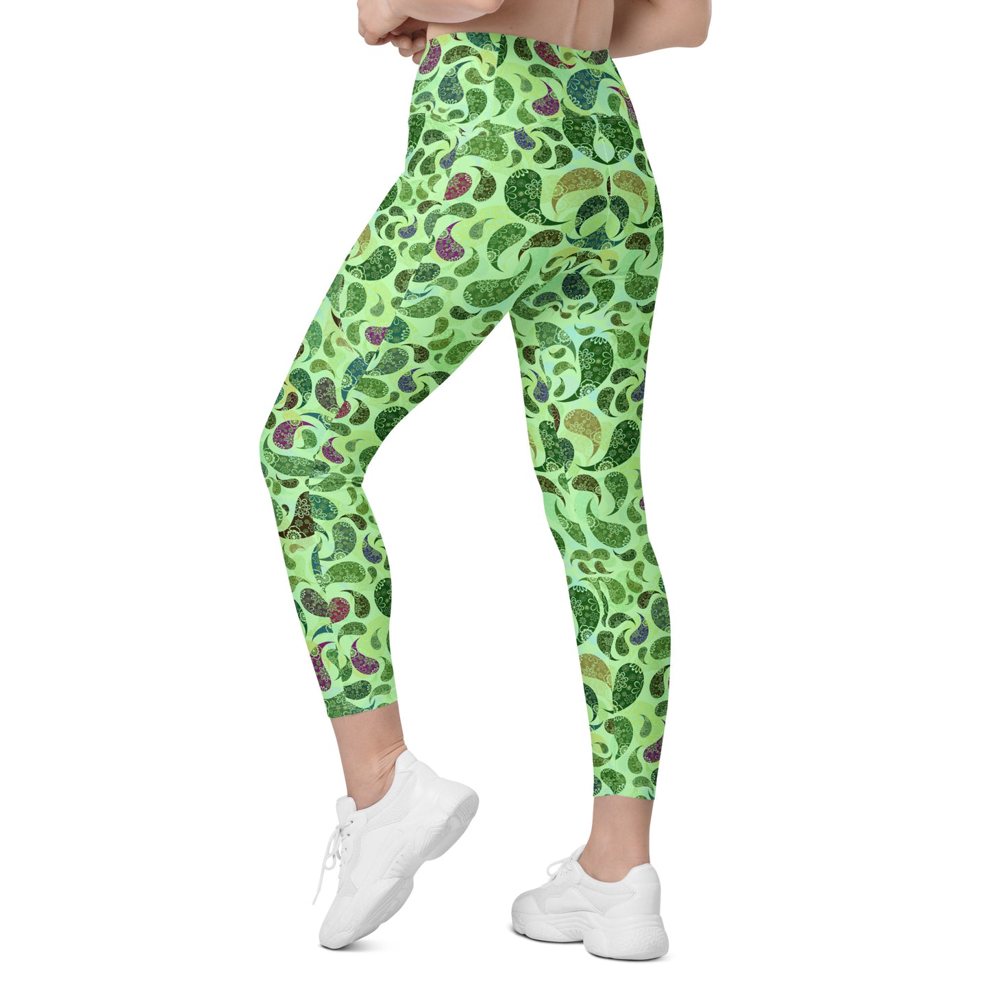 Crossover leggings with pockets- Paisley green