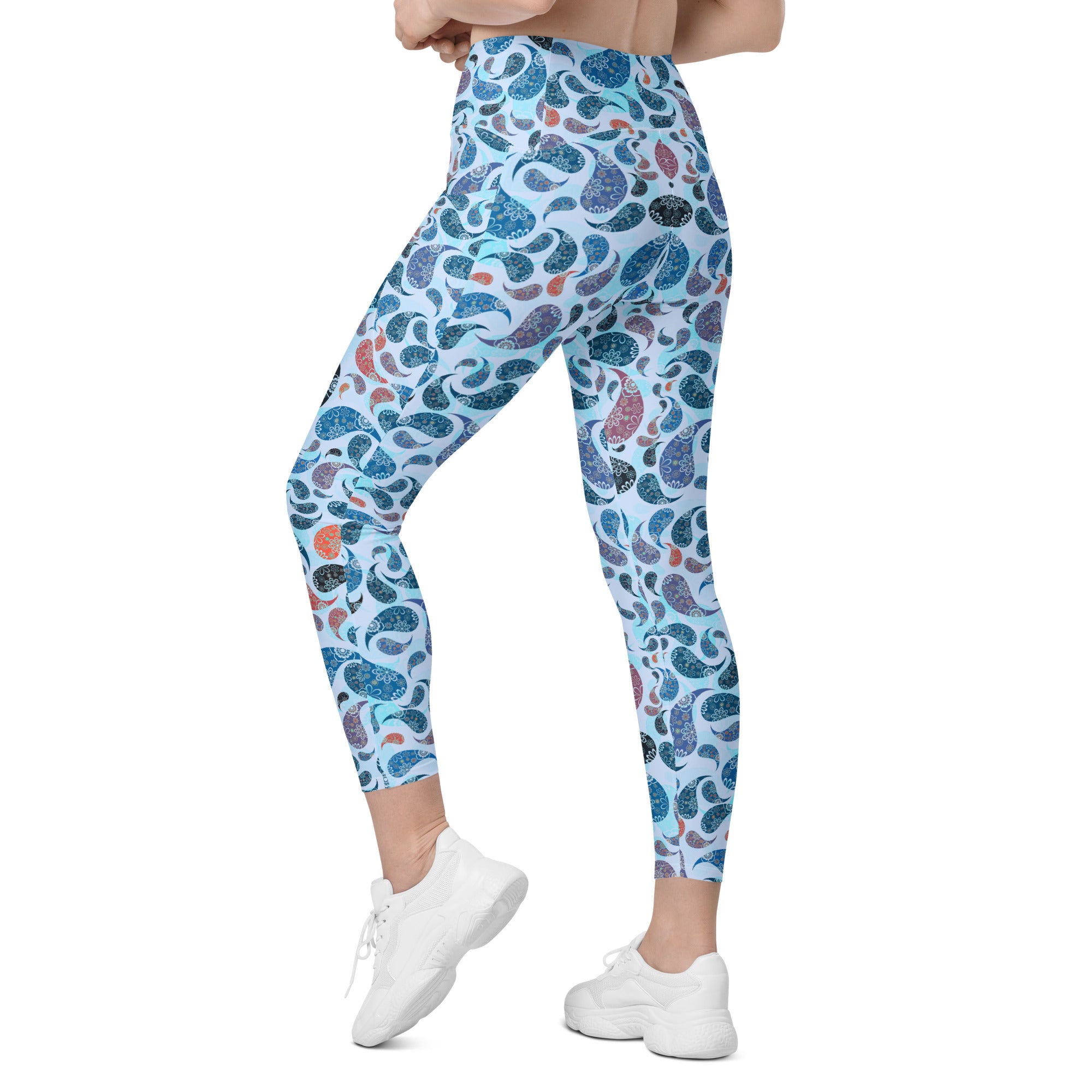 Crossover leggings with pockets- Paisley Blue