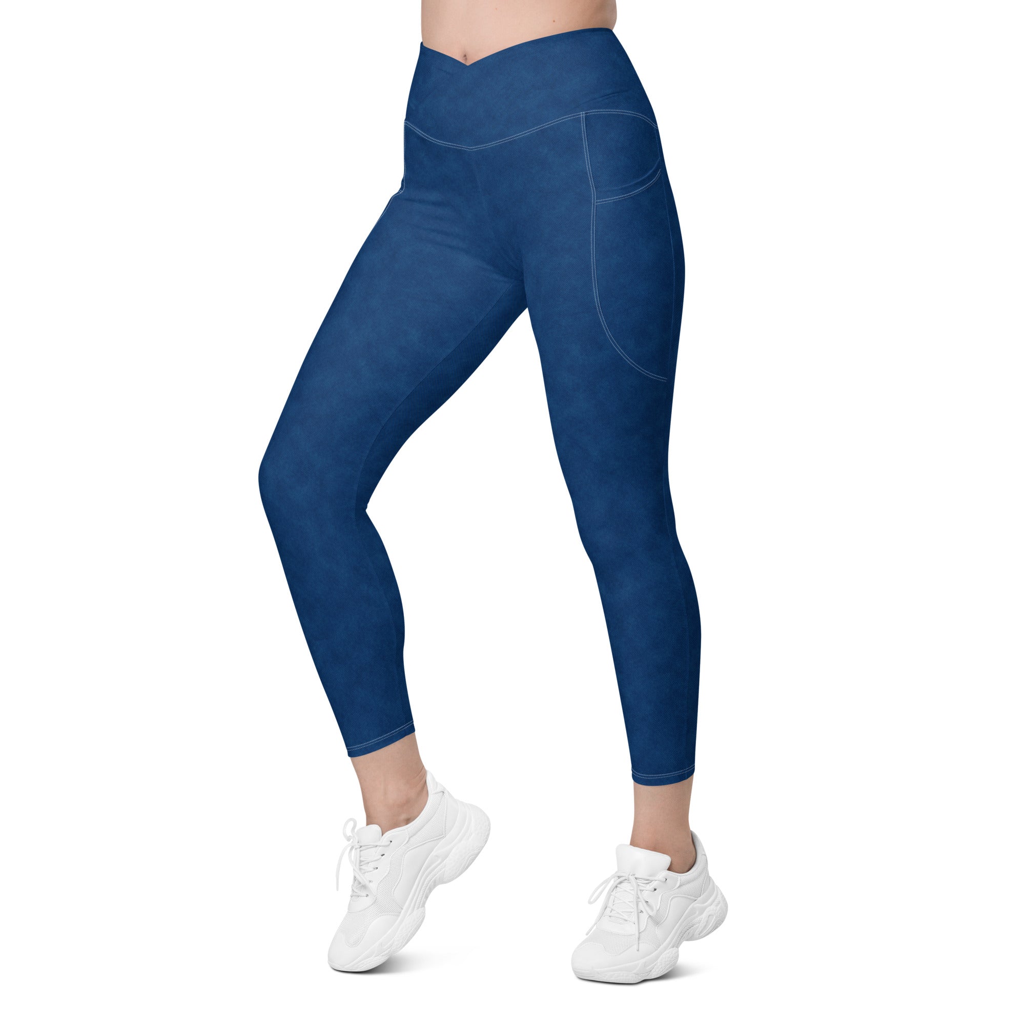 Crossover leggings with pockets- Denim Print Blue