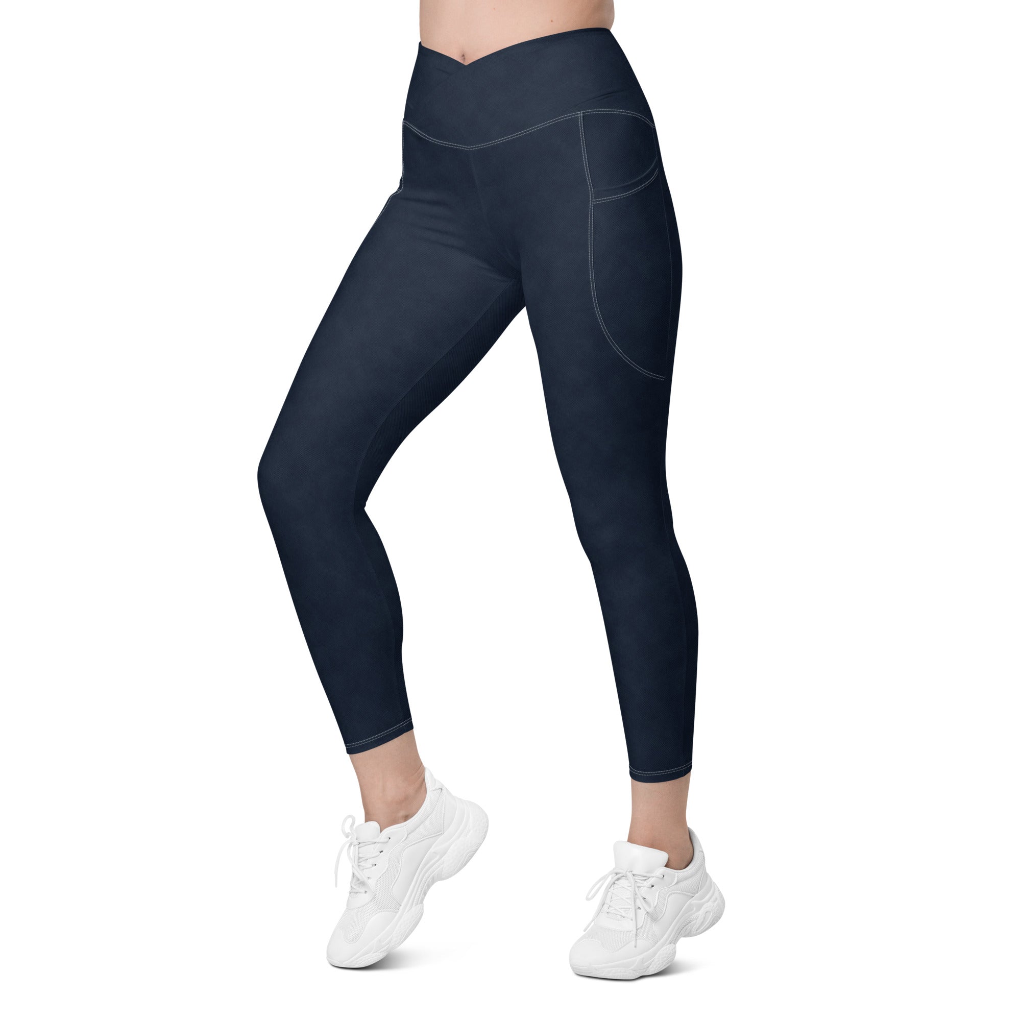 Crossover leggings with pockets- Denim Print Black