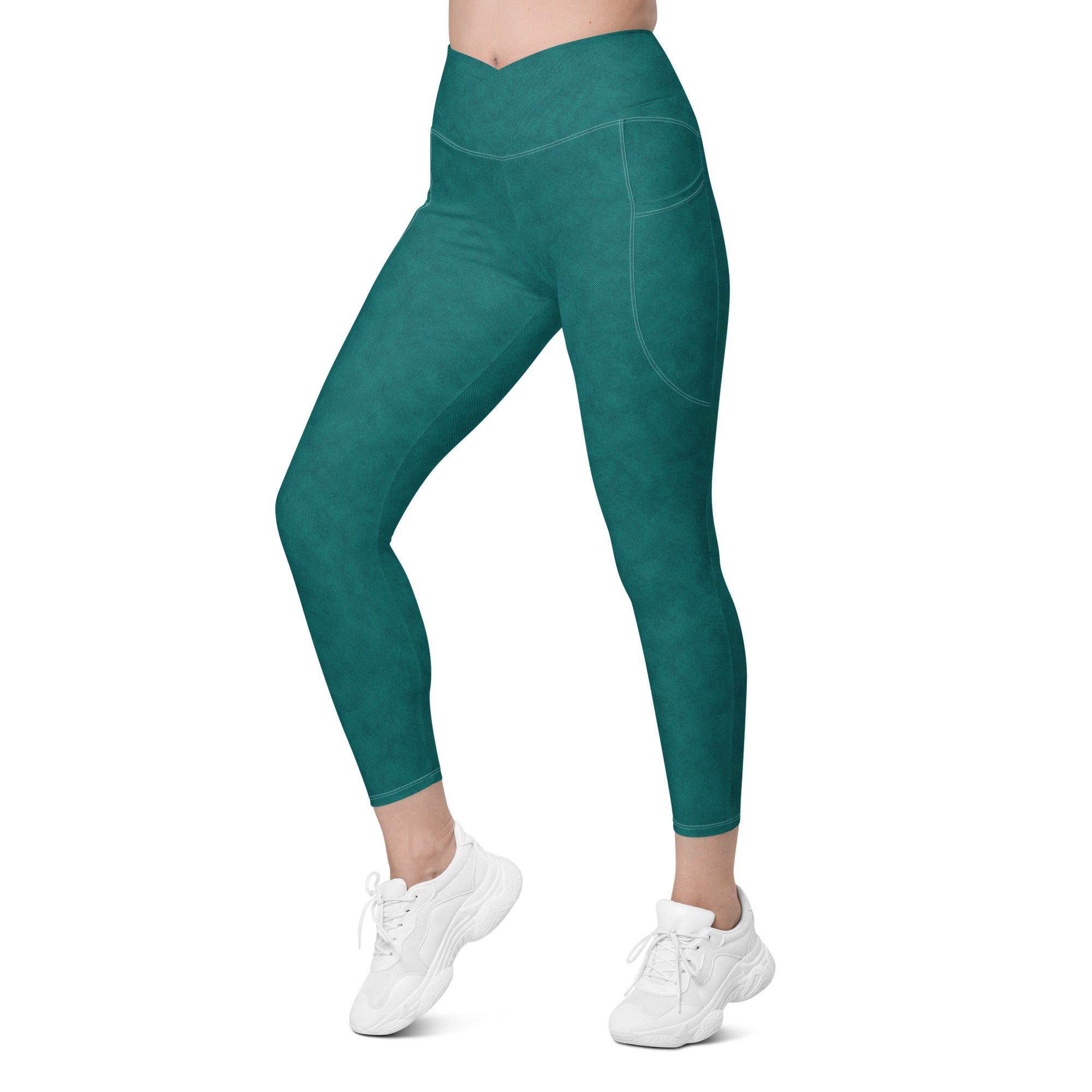 Crossover leggings with pockets- Denim print Green