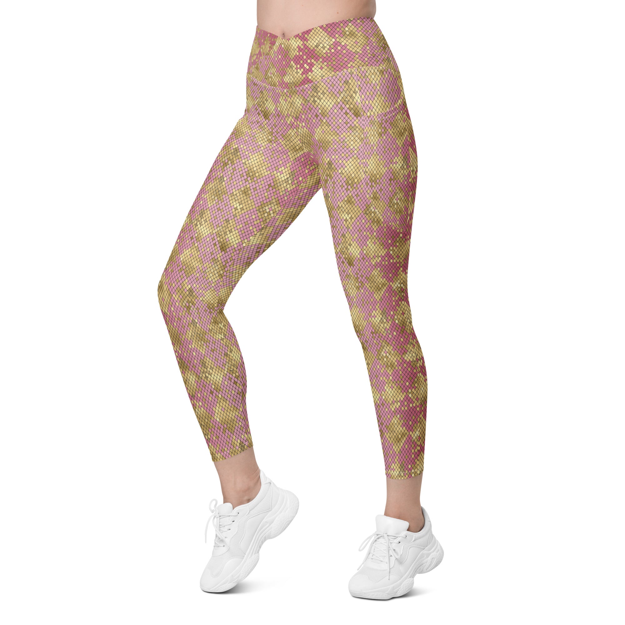 Crossover leggings with pockets- SNAKE Print GOLD AND PINK