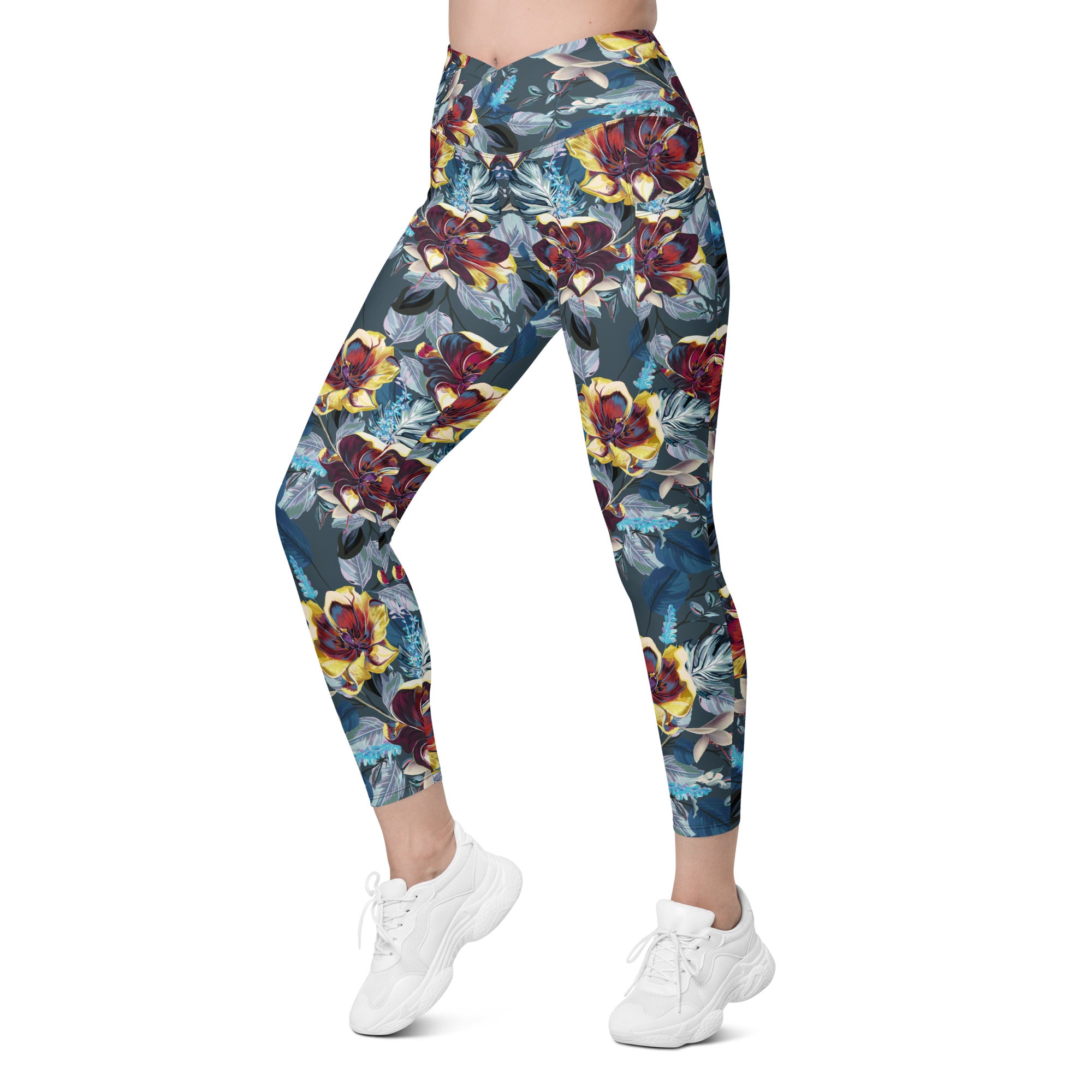 Crossover leggings with pockets- TULIP FLOWERS