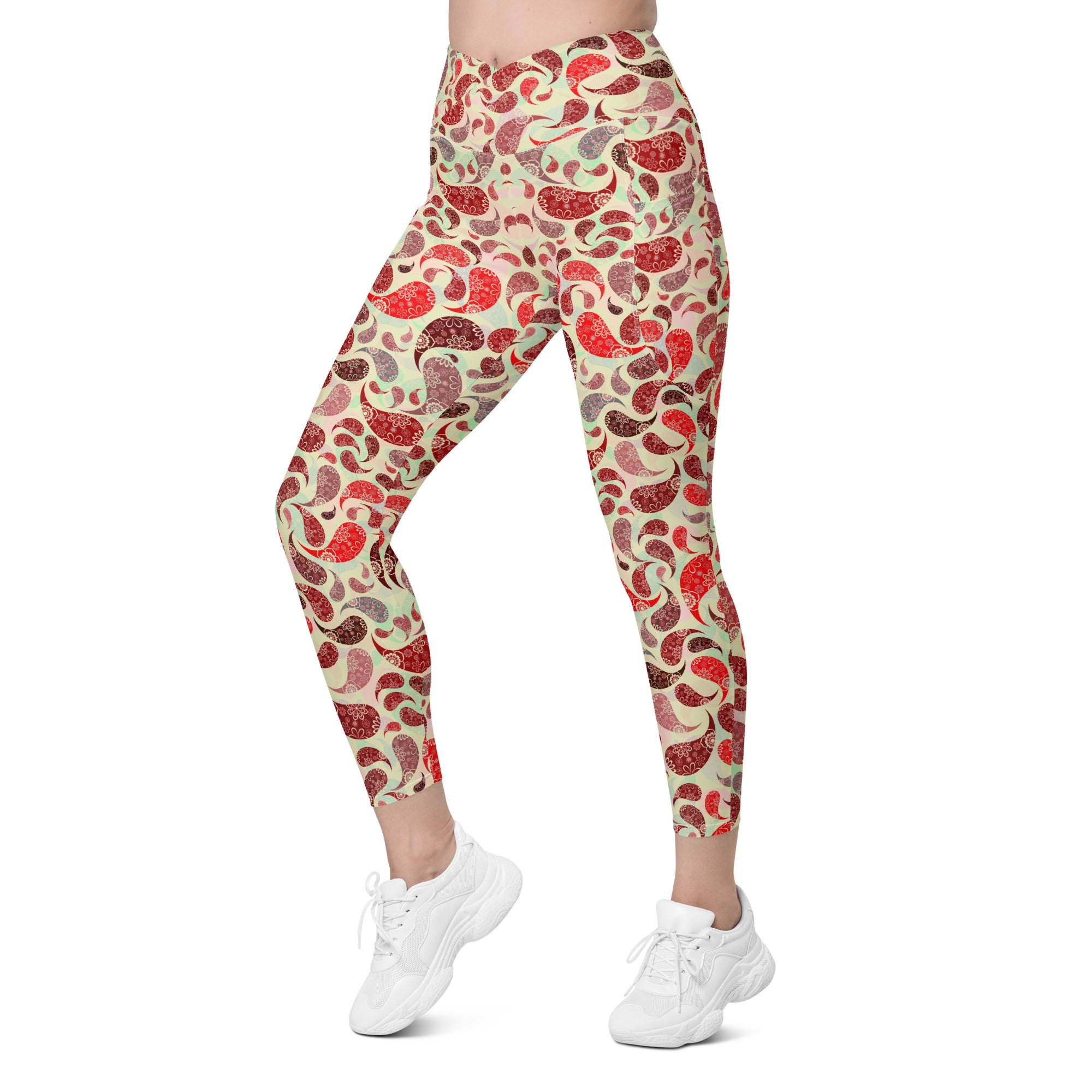 Crossover leggings with pockets- Paisley Red