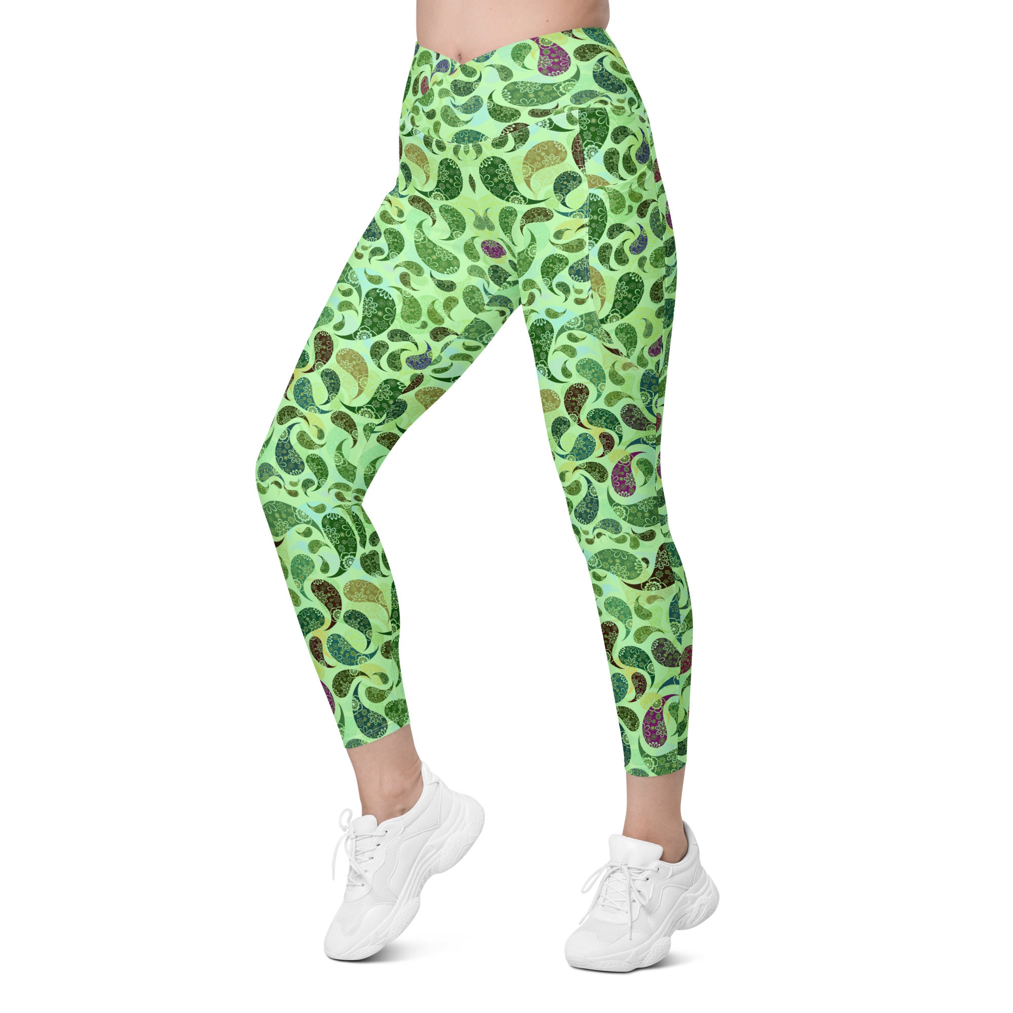 Crossover leggings with pockets- Paisley green