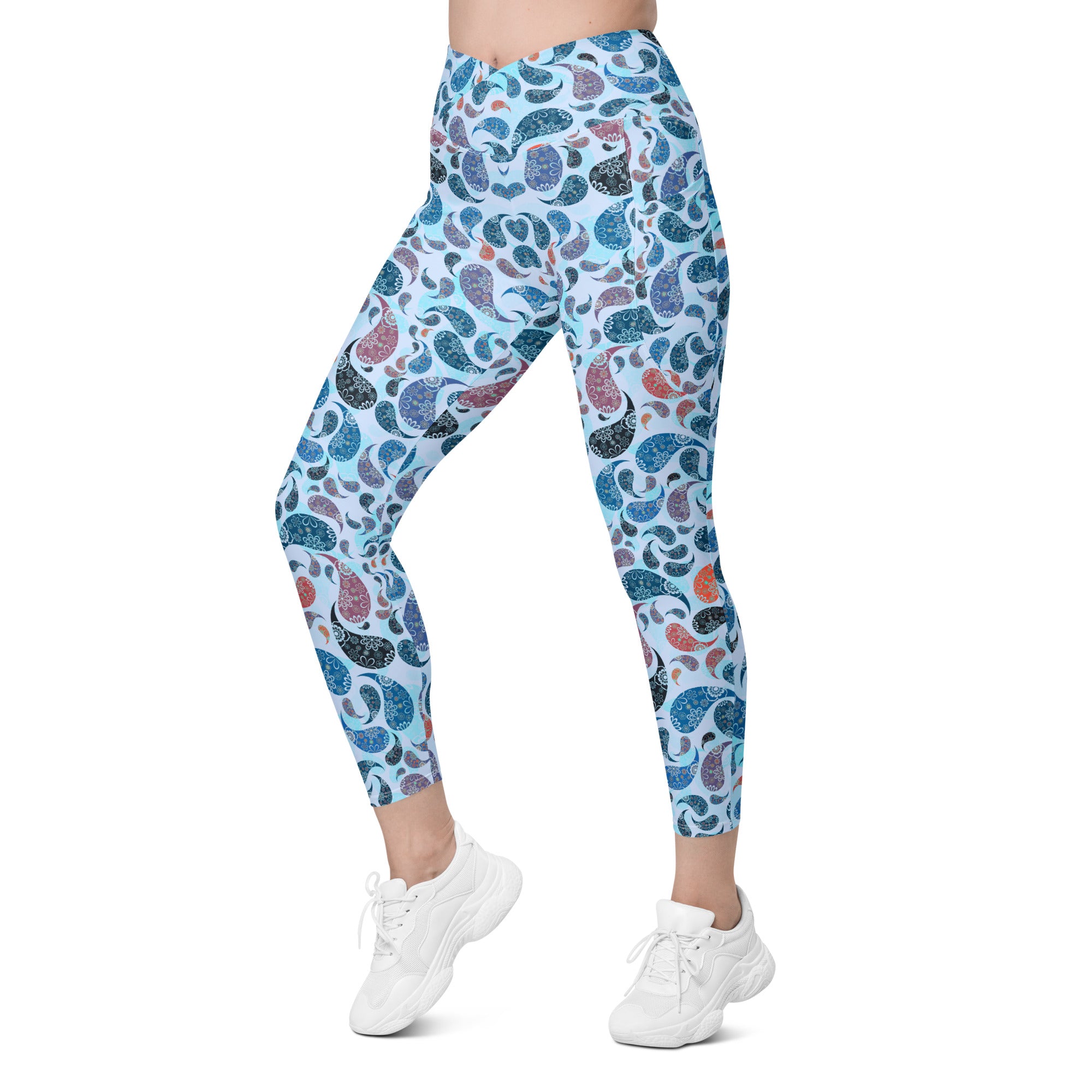 Crossover leggings with pockets- Paisley Blue