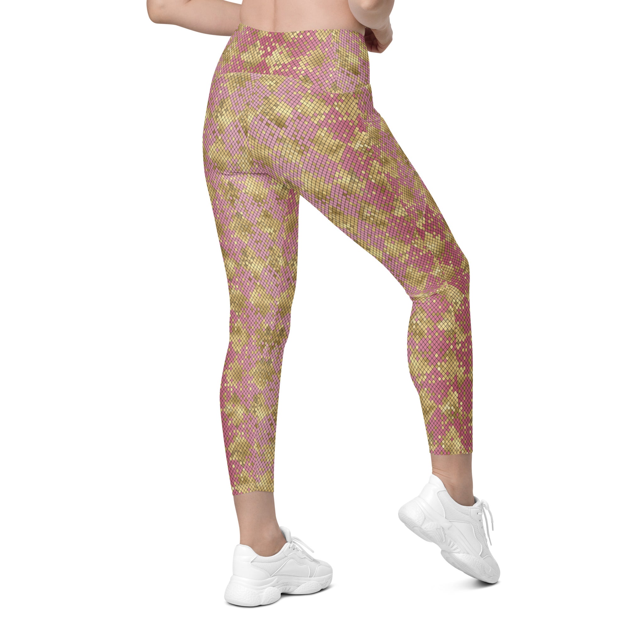 Crossover leggings with pockets- SNAKE Print GOLD AND PINK