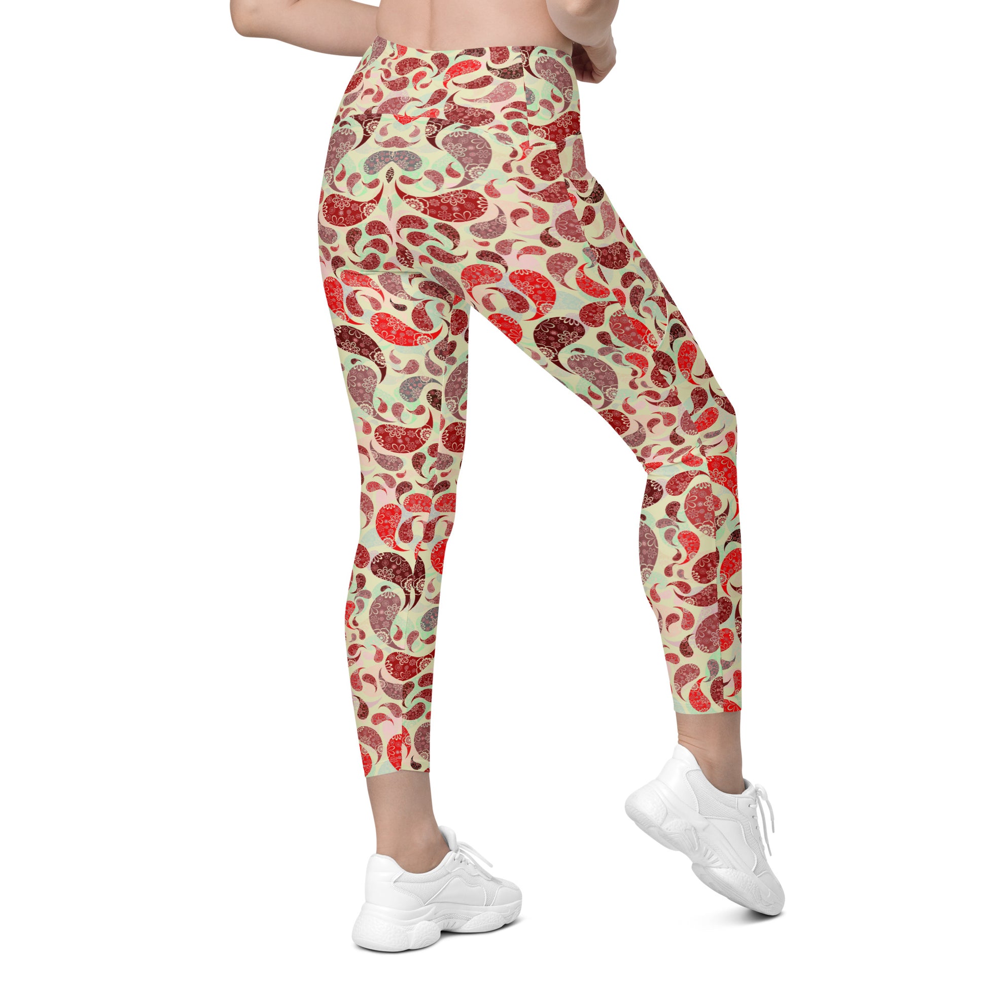 Crossover leggings with pockets- Paisley Red