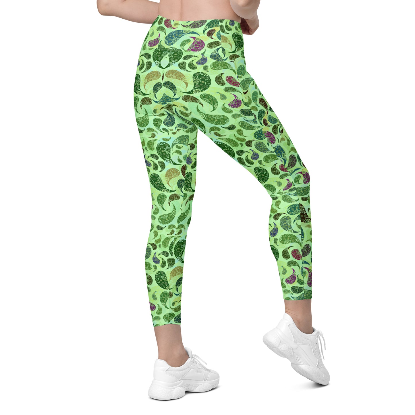 Crossover leggings with pockets- Paisley green