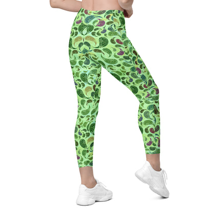 Crossover leggings with pockets- Paisley green