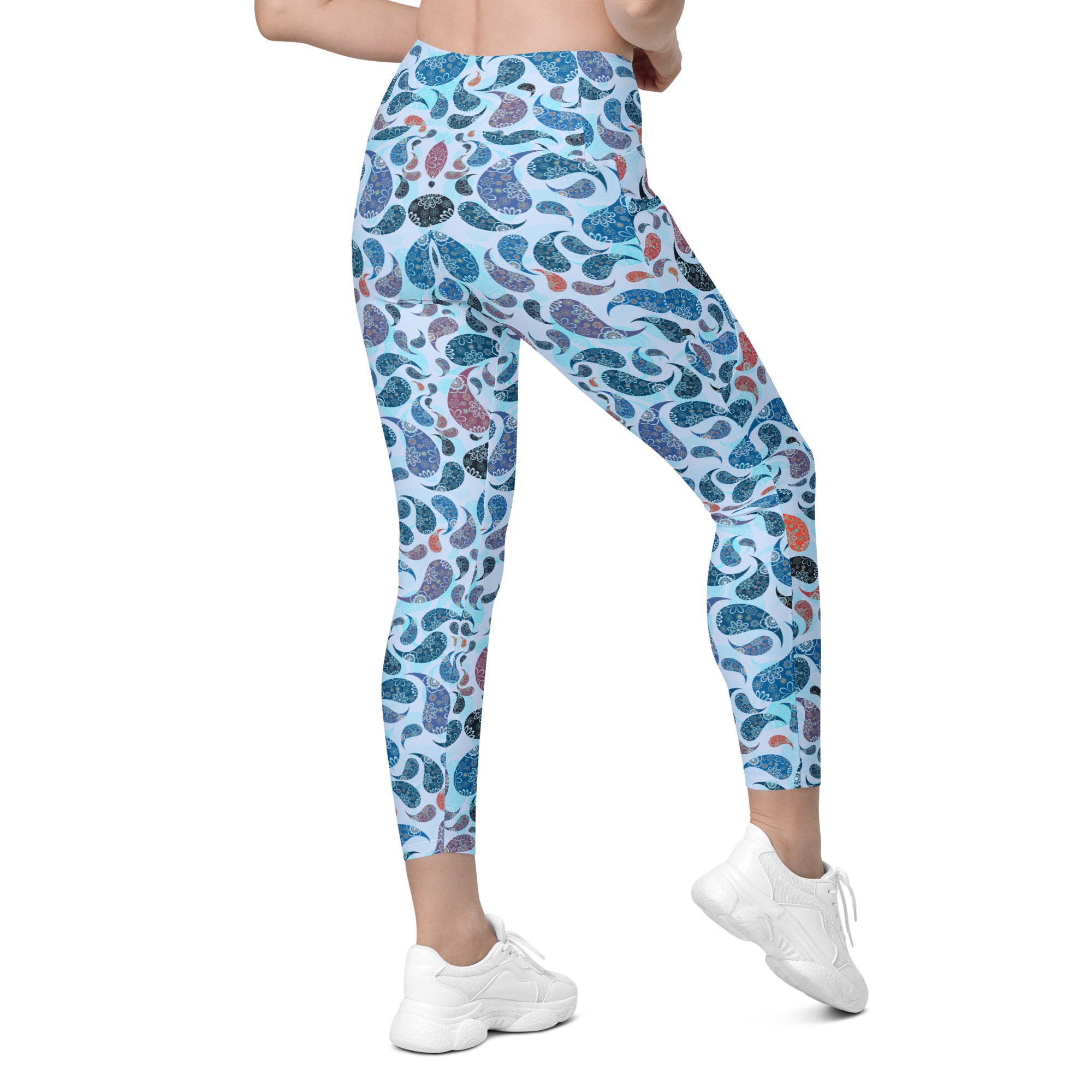 Crossover leggings with pockets- Paisley Blue