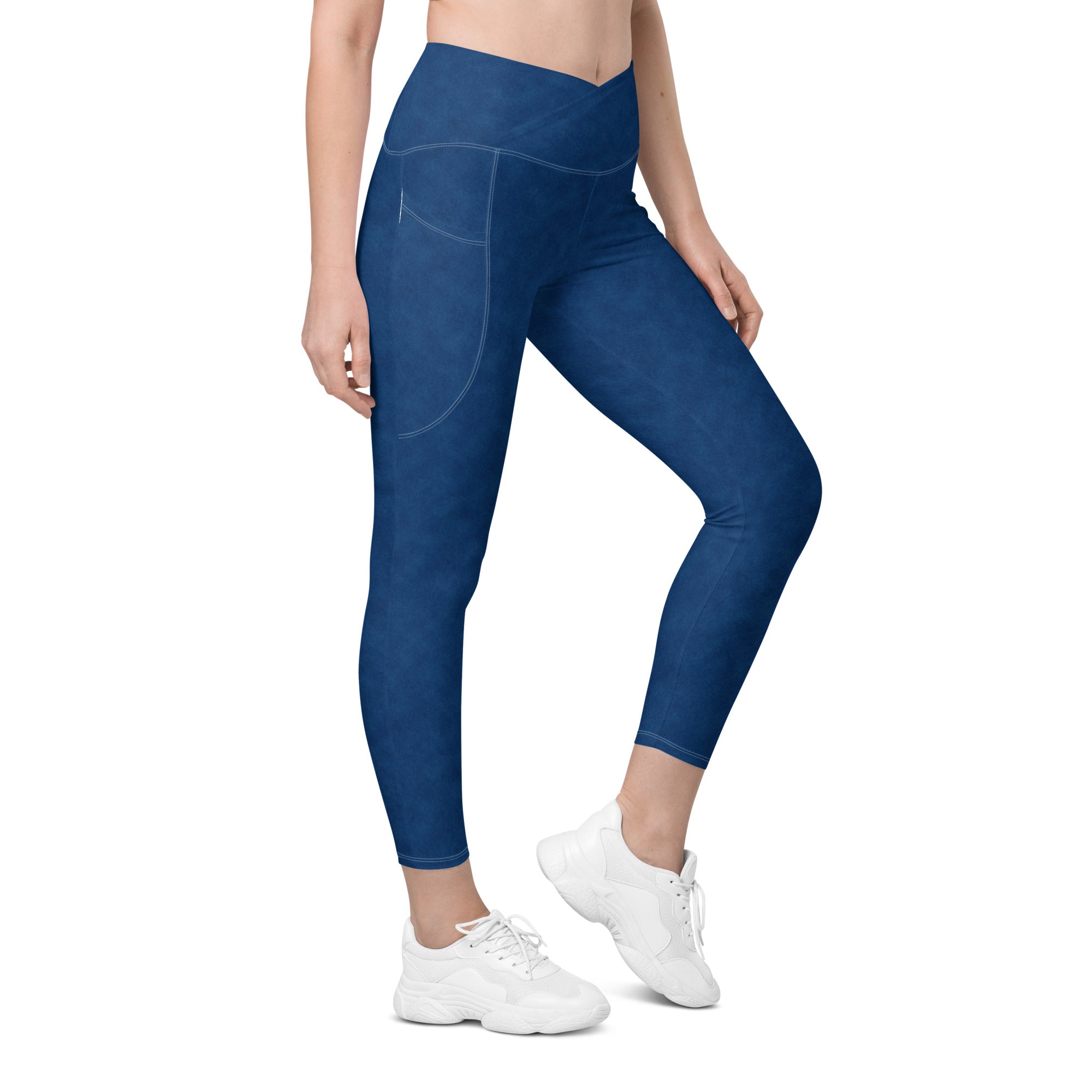 Crossover leggings with pockets- Denim Print Blue