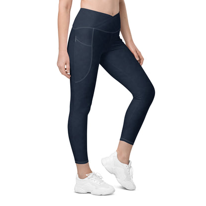 Crossover leggings with pockets- Denim Print Black