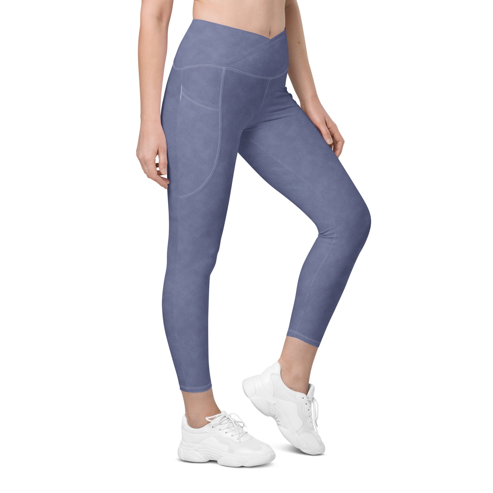 Crossover leggings with pockets- Denim Print Light Blue