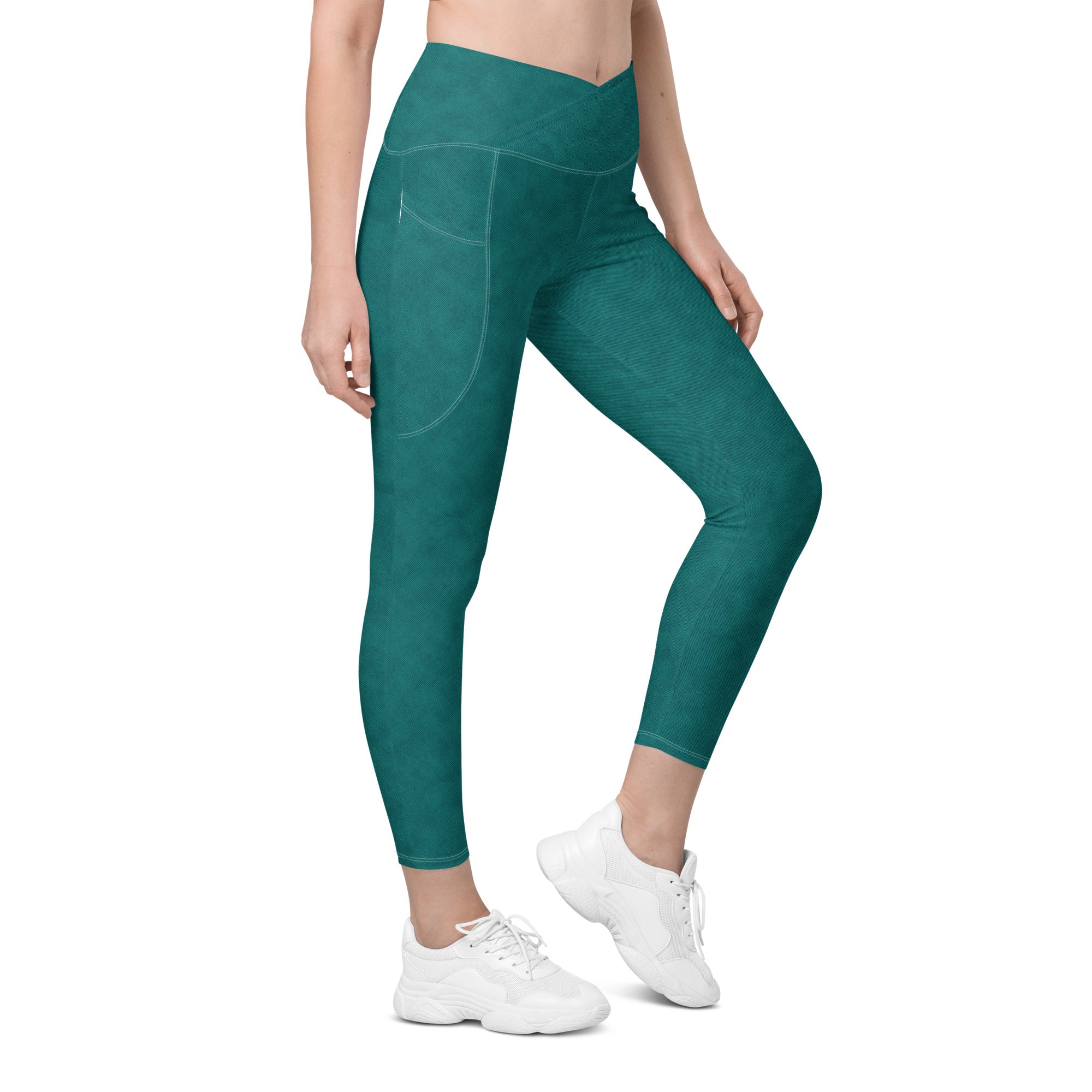 Crossover leggings with pockets- Denim print Green