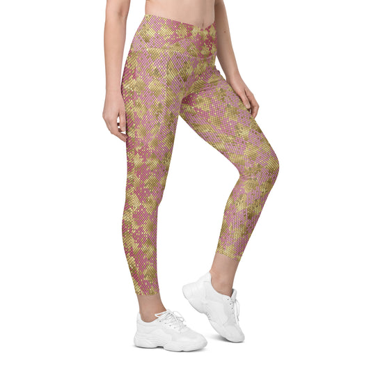 Crossover leggings with pockets- SNAKE Print GOLD AND PINK