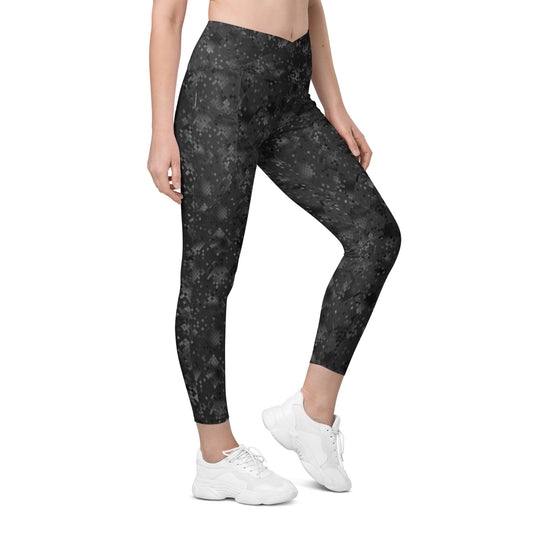 Crossover leggings with pockets- SNAKE Print BLACK