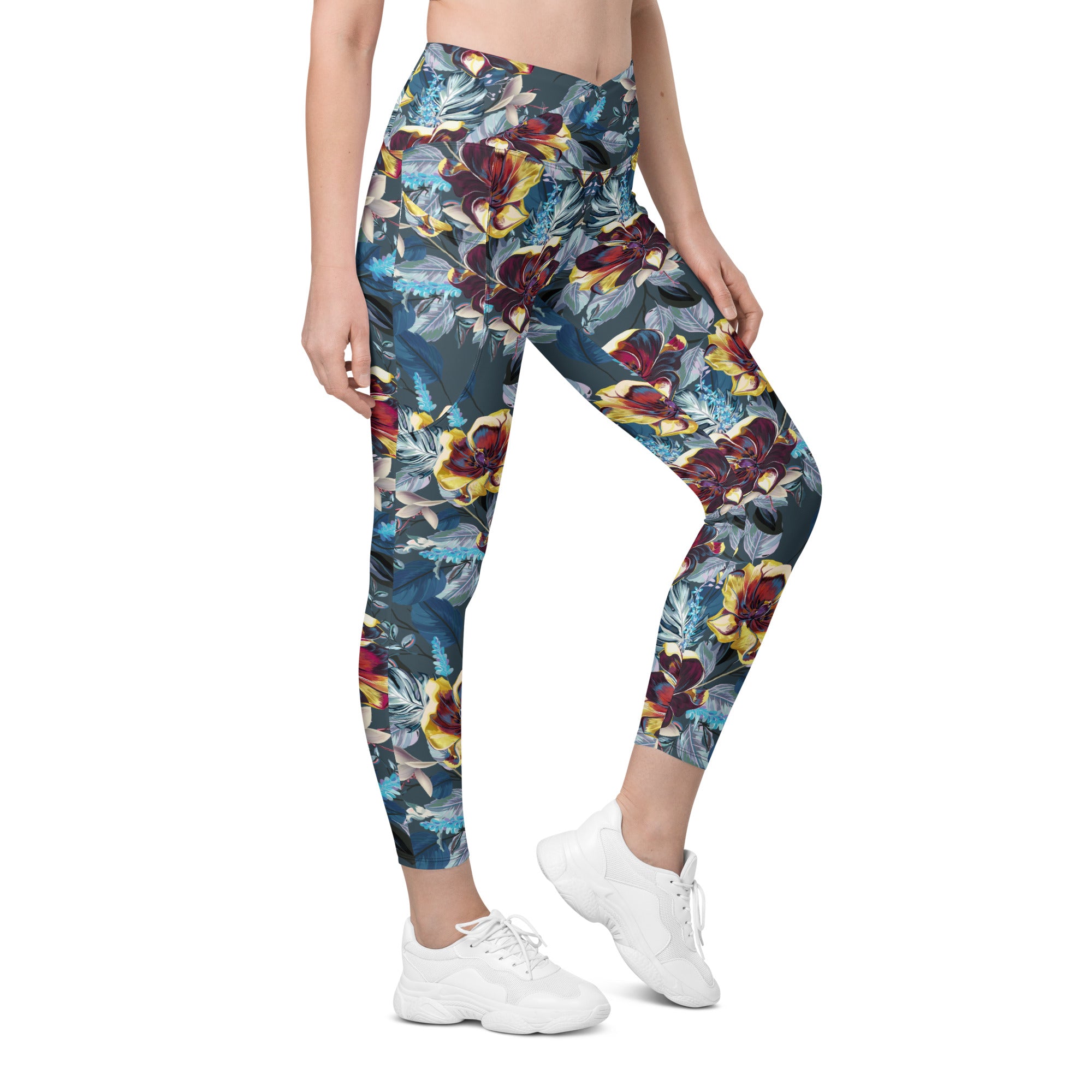 Crossover leggings with pockets- TULIP FLOWERS