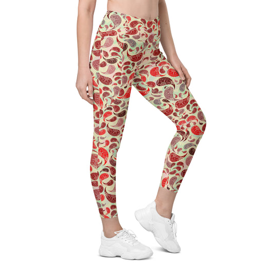 Crossover leggings with pockets- Paisley Red