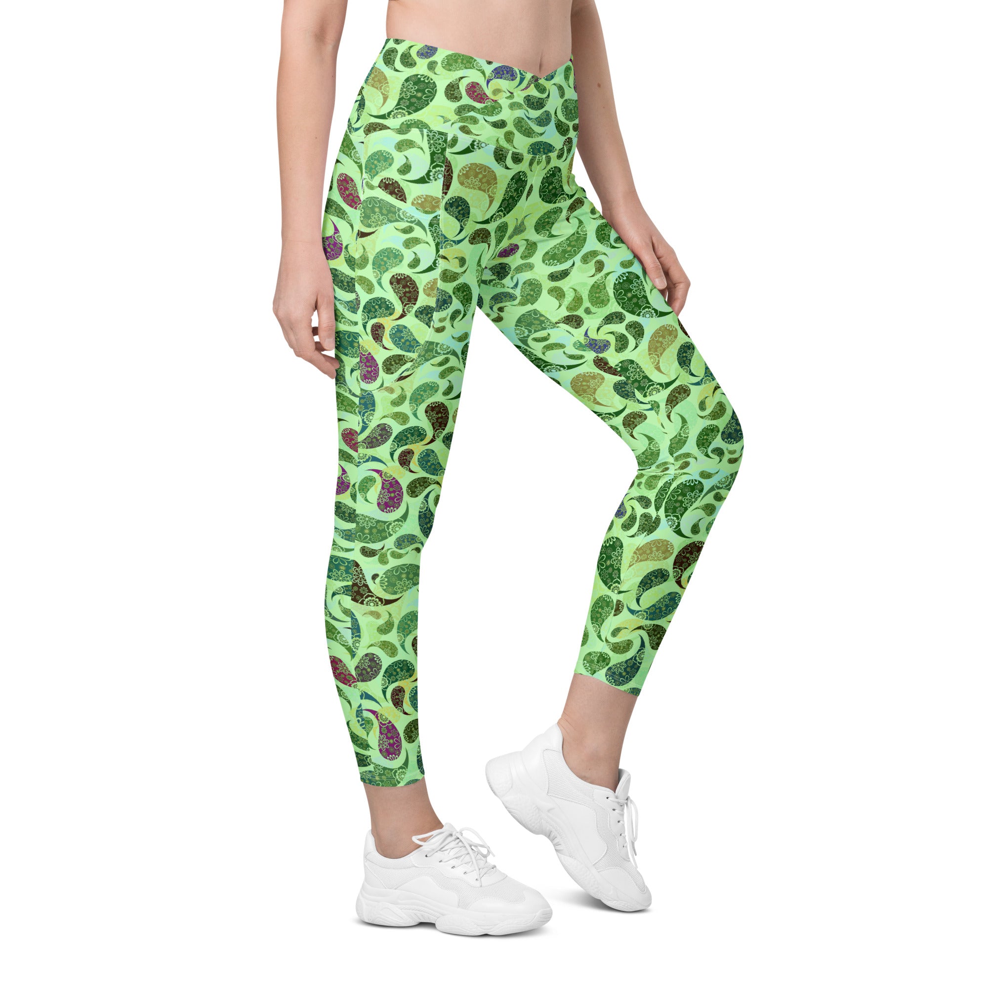 Crossover leggings with pockets- Paisley green