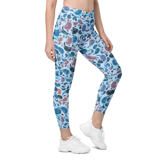 Crossover leggings with pockets- Paisley Blue