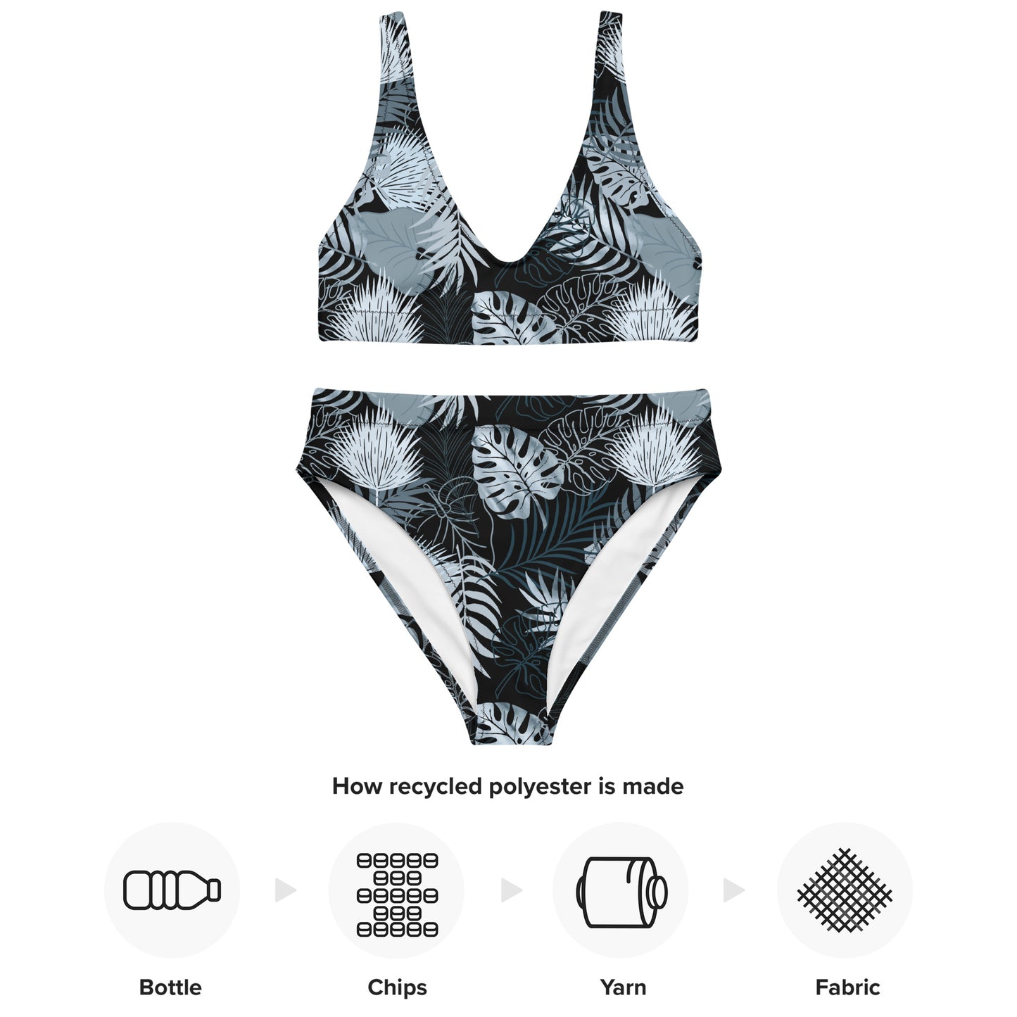 Recycled high-waisted bikini- TROPICAL BLACK