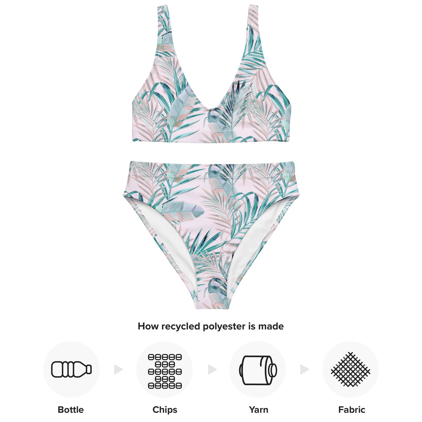 Recycled high-waisted bikini- TROPICAL PALM Leafs
