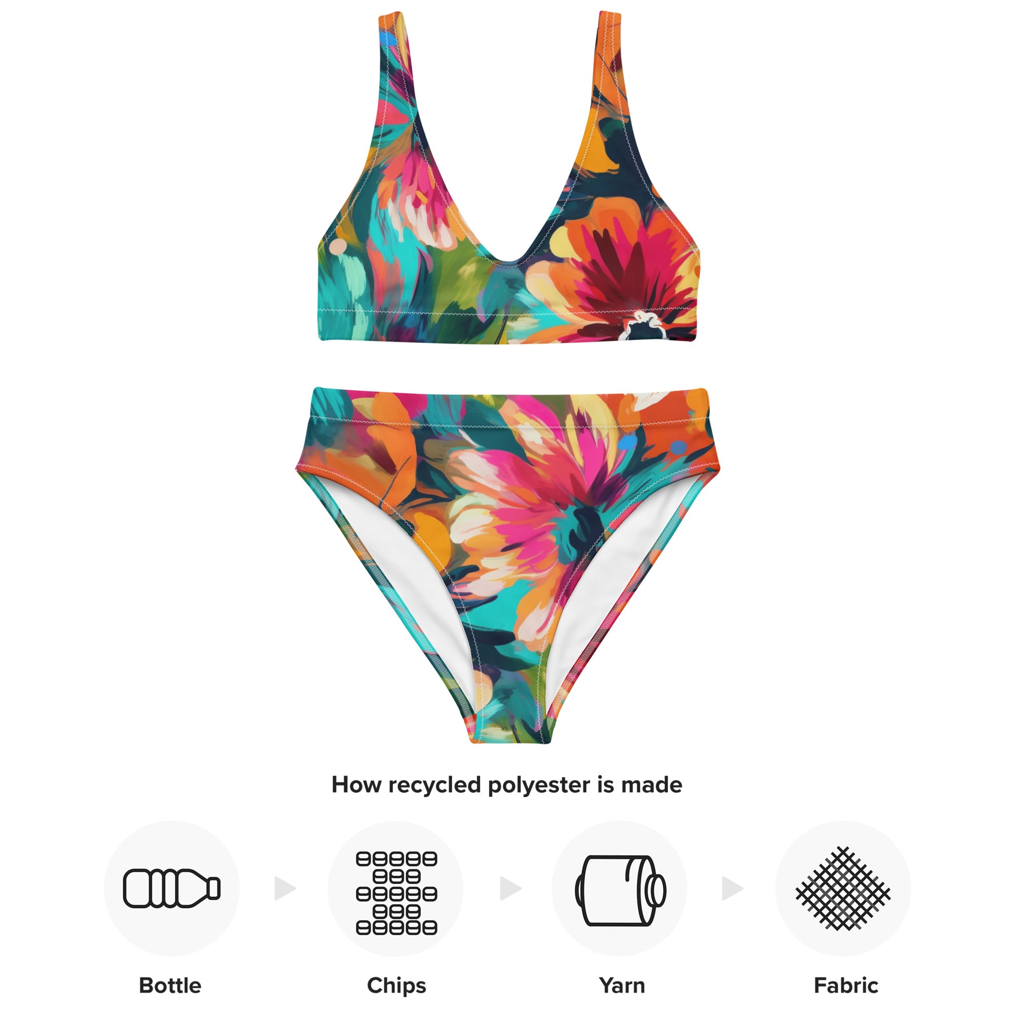 Recycled high-waisted bikini- Summer Pastel flower Pattern 01