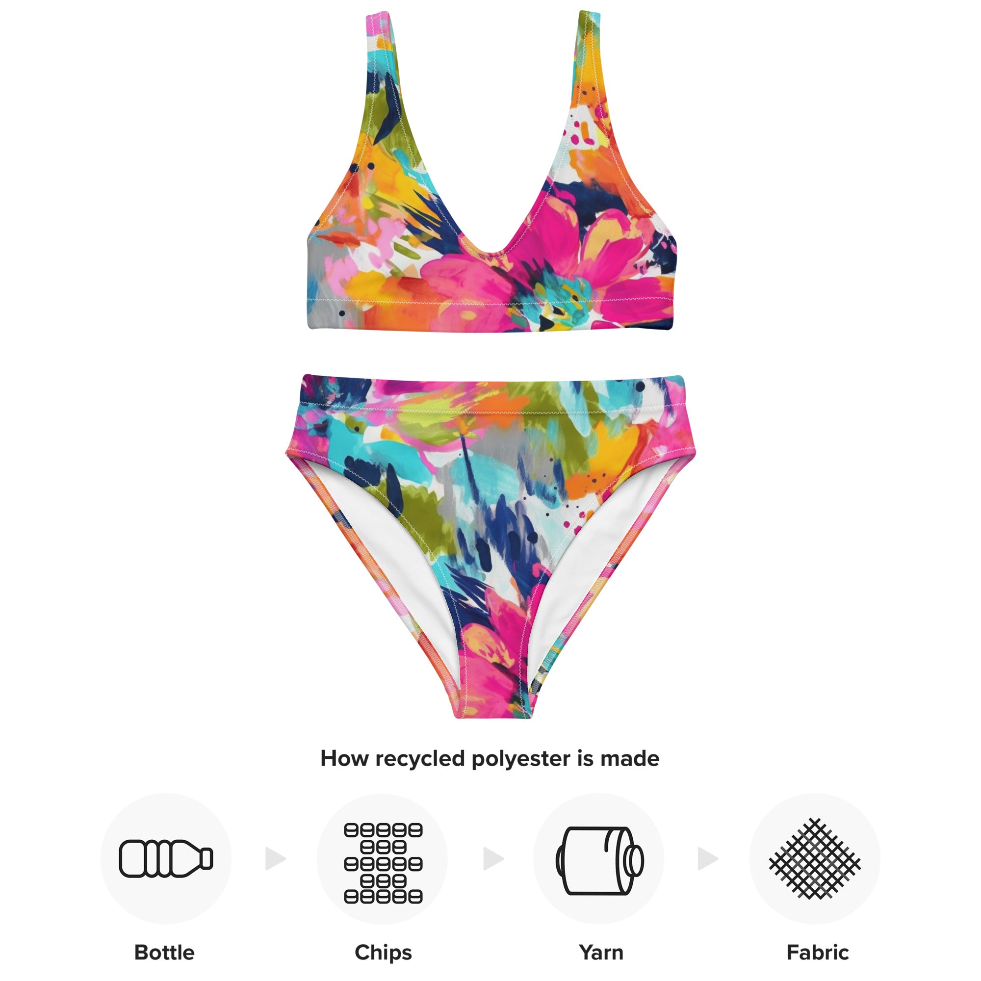 Recycled high-waisted bikini- Summer Pastel Flower Pattern 02