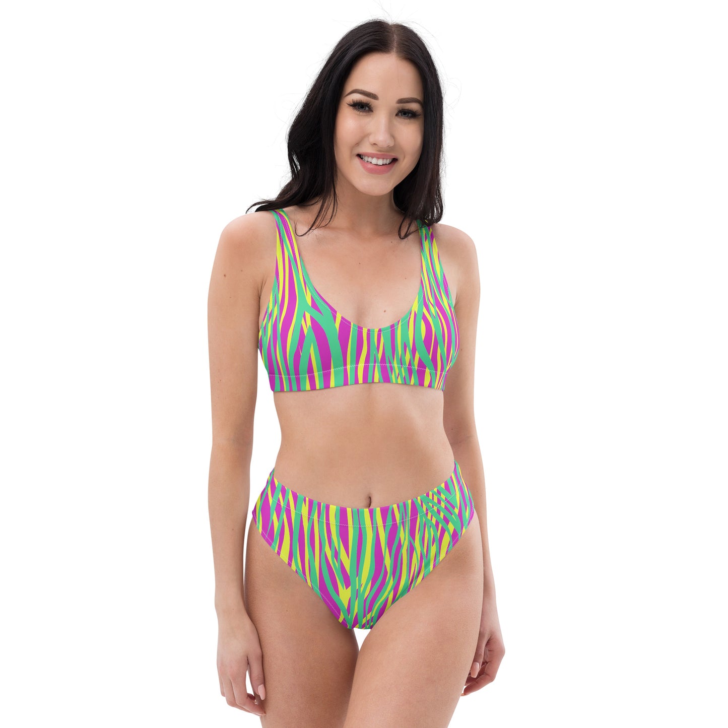 Recycled high-waisted bikini- Funky ZEBRA Green